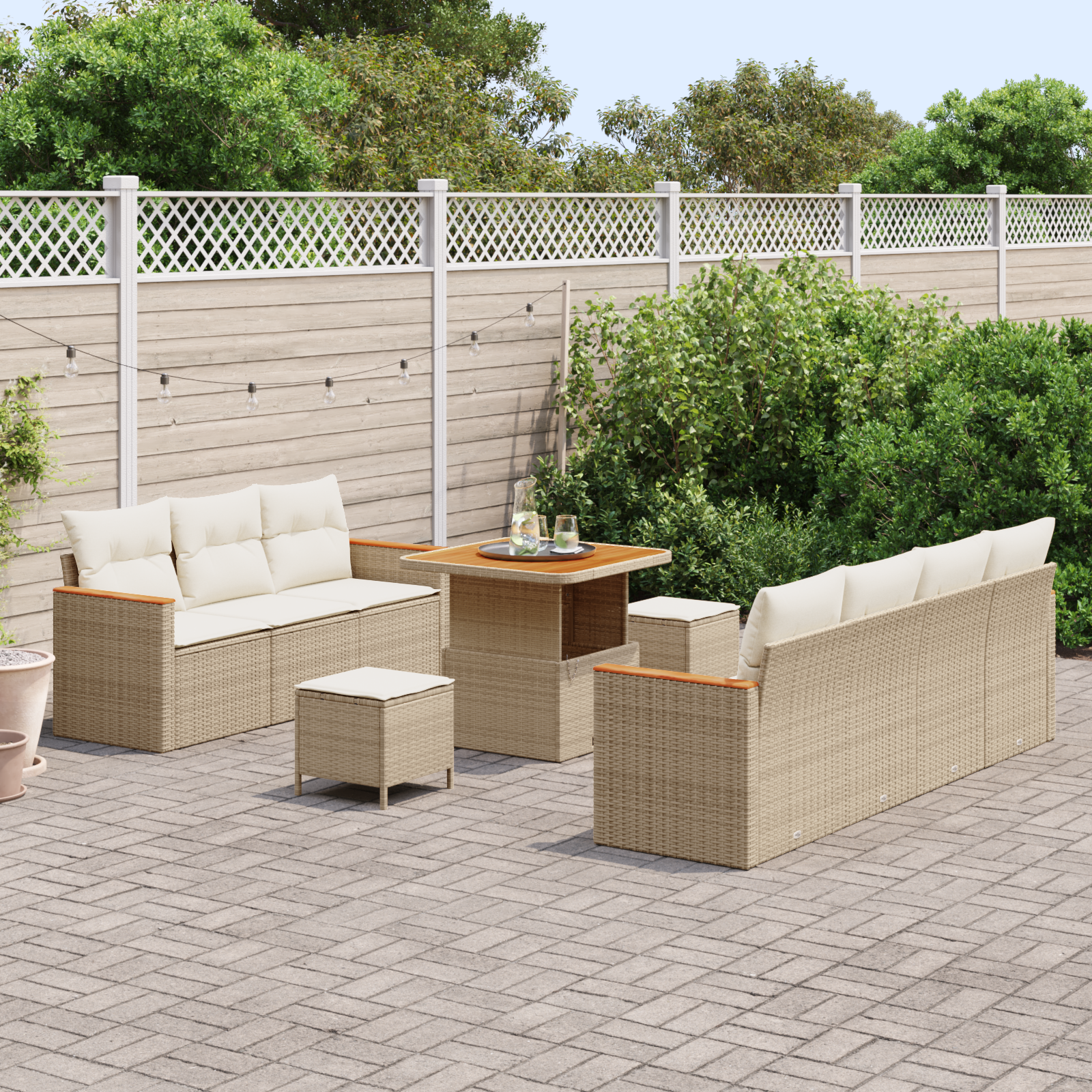 vidaXL 10-delige Tuinbankenset met kussens poly rattan acacia beige