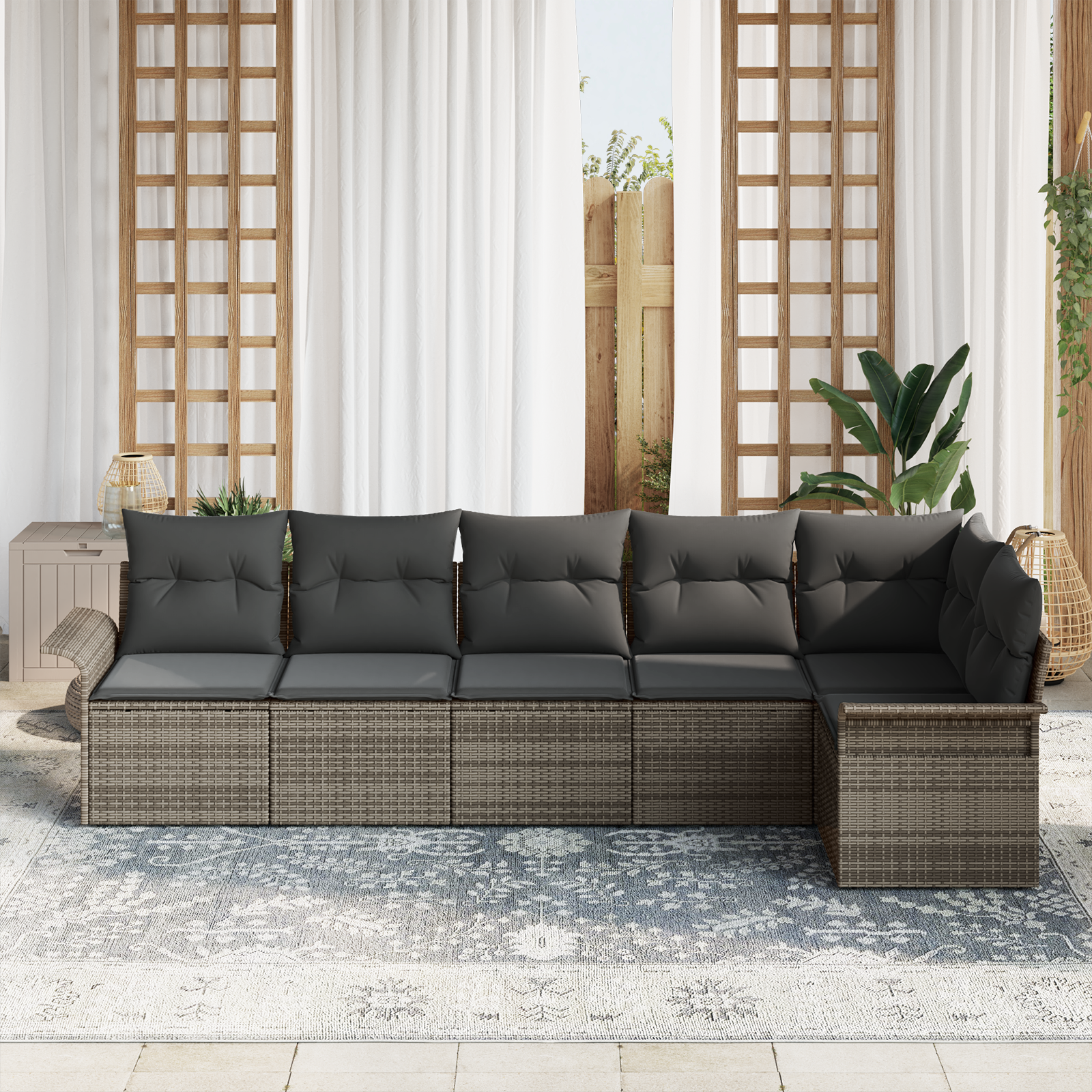vidaXL 6-delige Tuinbankenset met kussens poly rattan grijs