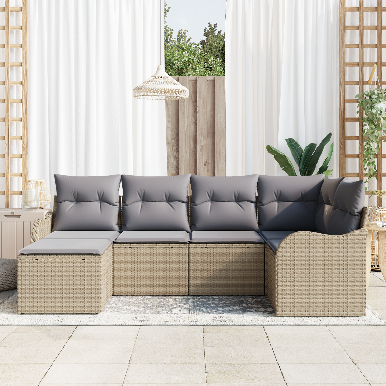vidaXL 6-delige tuinset met kussens in beige poly rattan