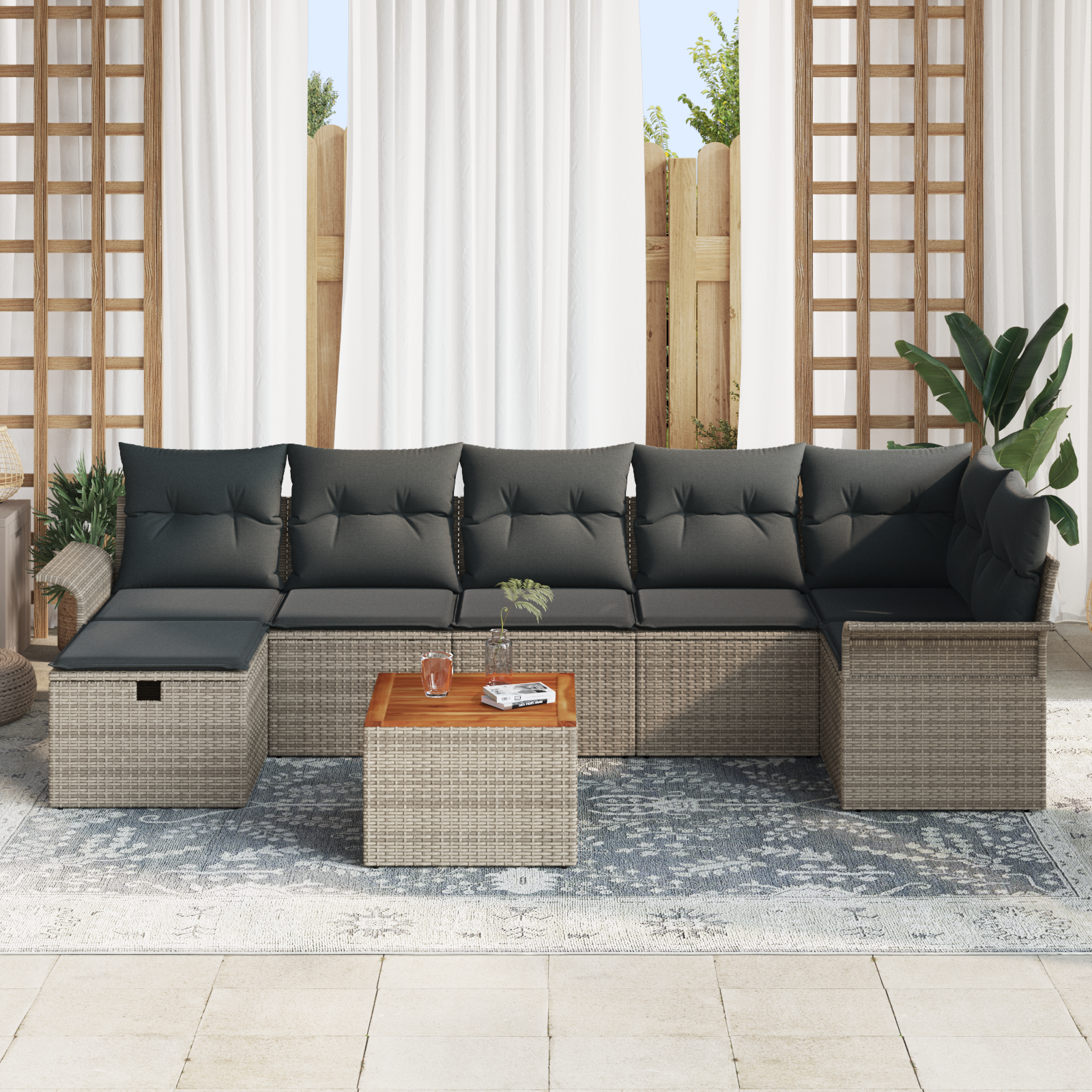 vidaXL 8-delige Tuinbankenset met kussens poly rattan grijs