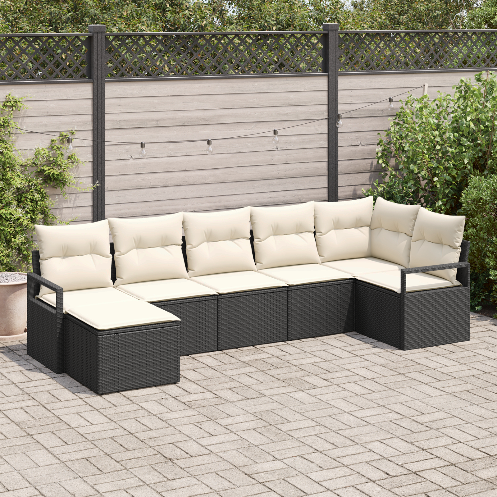 vidaXL 7-delige Tuinbankenset met kussens poly rattan zwart