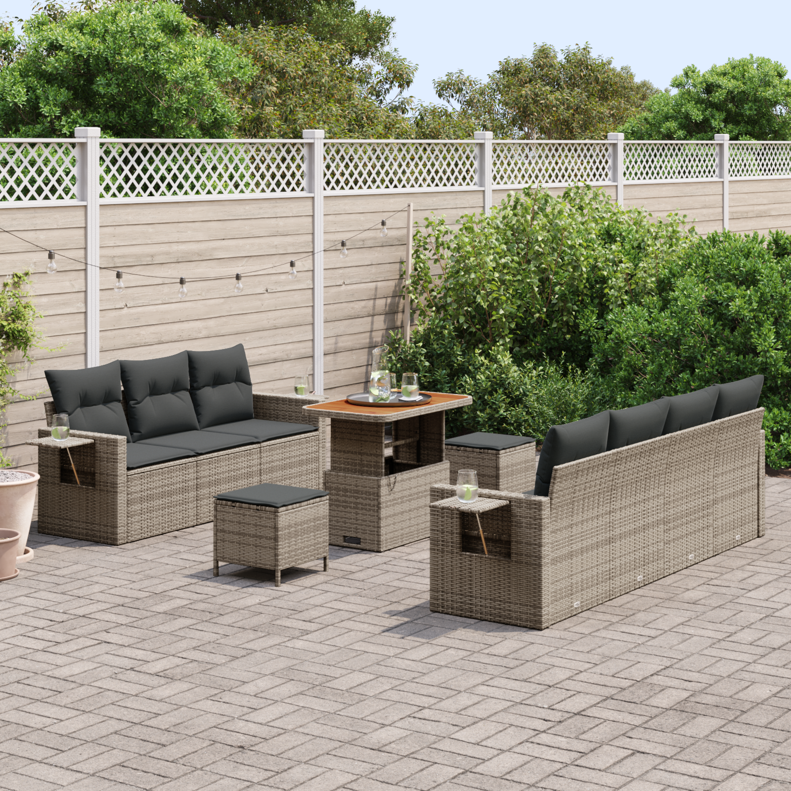 vidaXL 10-delige Tuinbankenset met kussens poly rattan acacia grijs