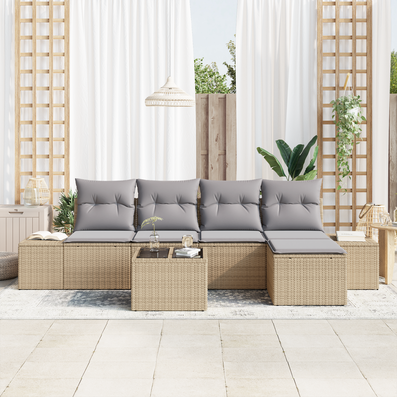 vidaXL 6-delige Tuinbankenset met kussens poly rattan zwart
