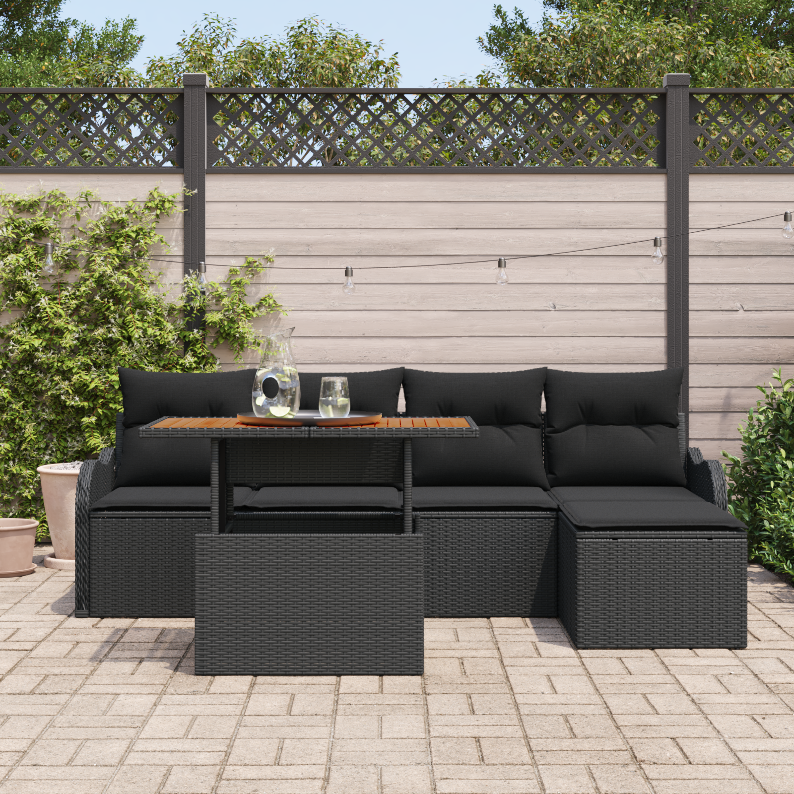 vidaXL 6-delige tuinset met kussens in zwart poly rattan en acacia