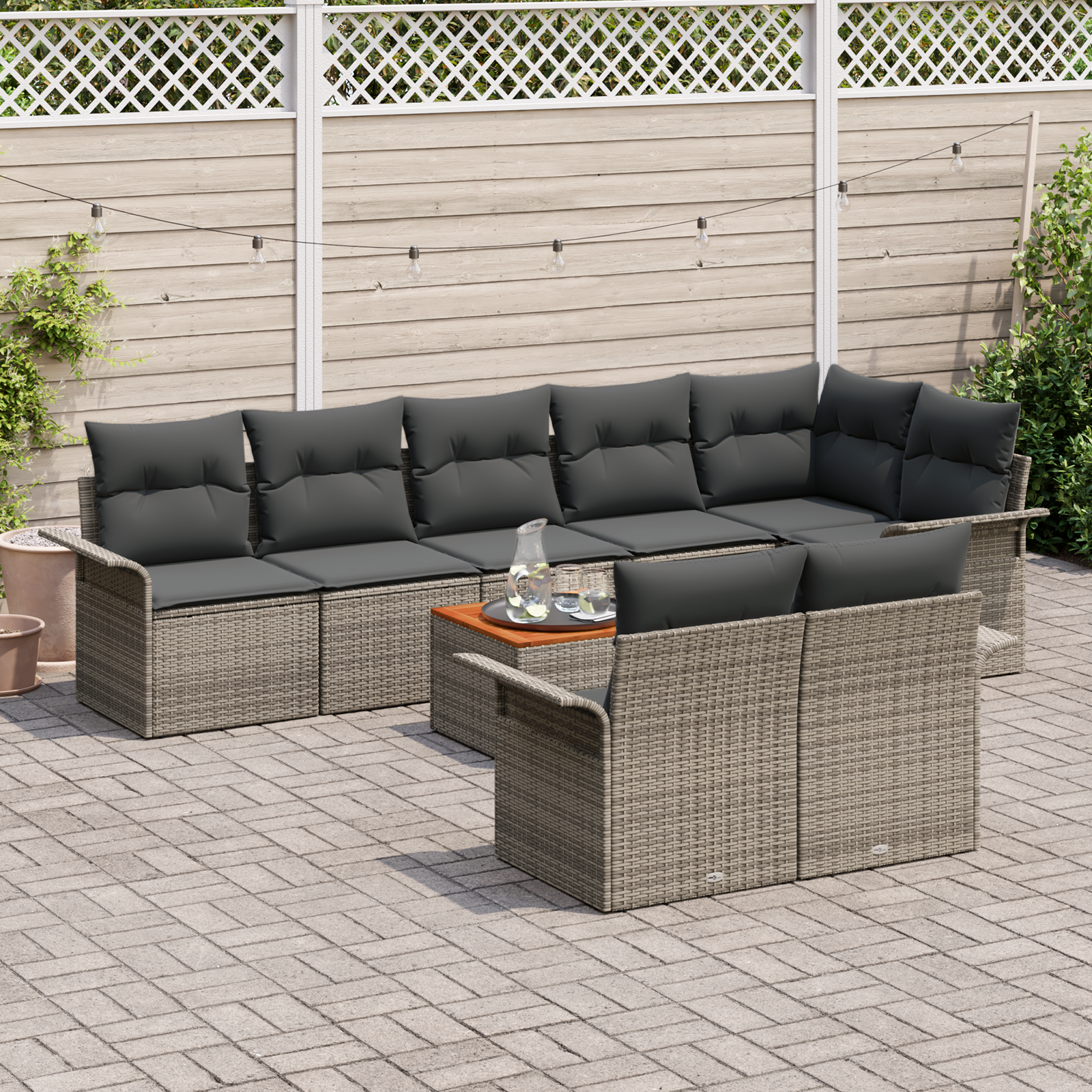 vidaXL 9-delige Tuinbankenset met kussens poly rattan acacia grijs