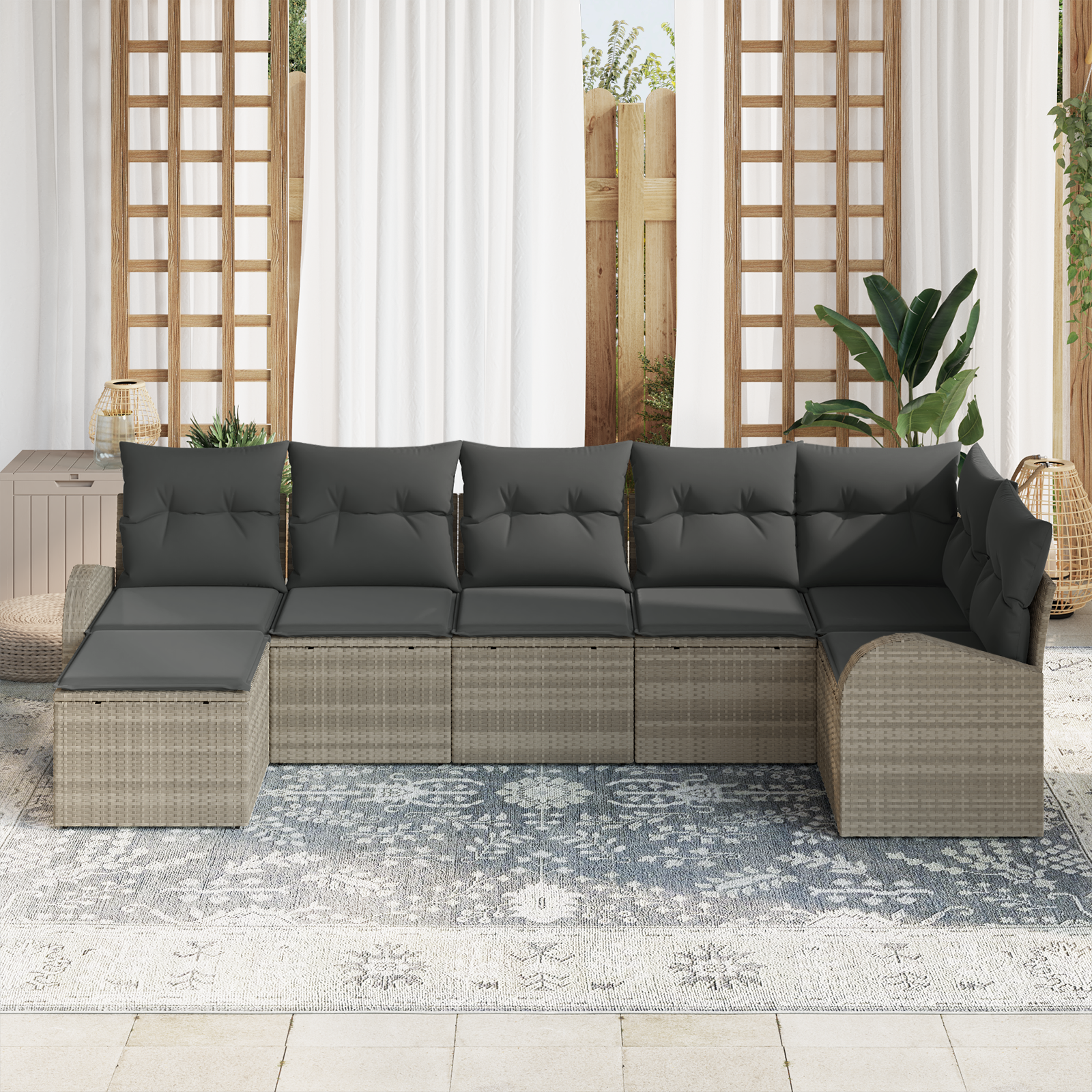 vidaXL 7-delige tuinset met kussens lichtgrijs poly rattan