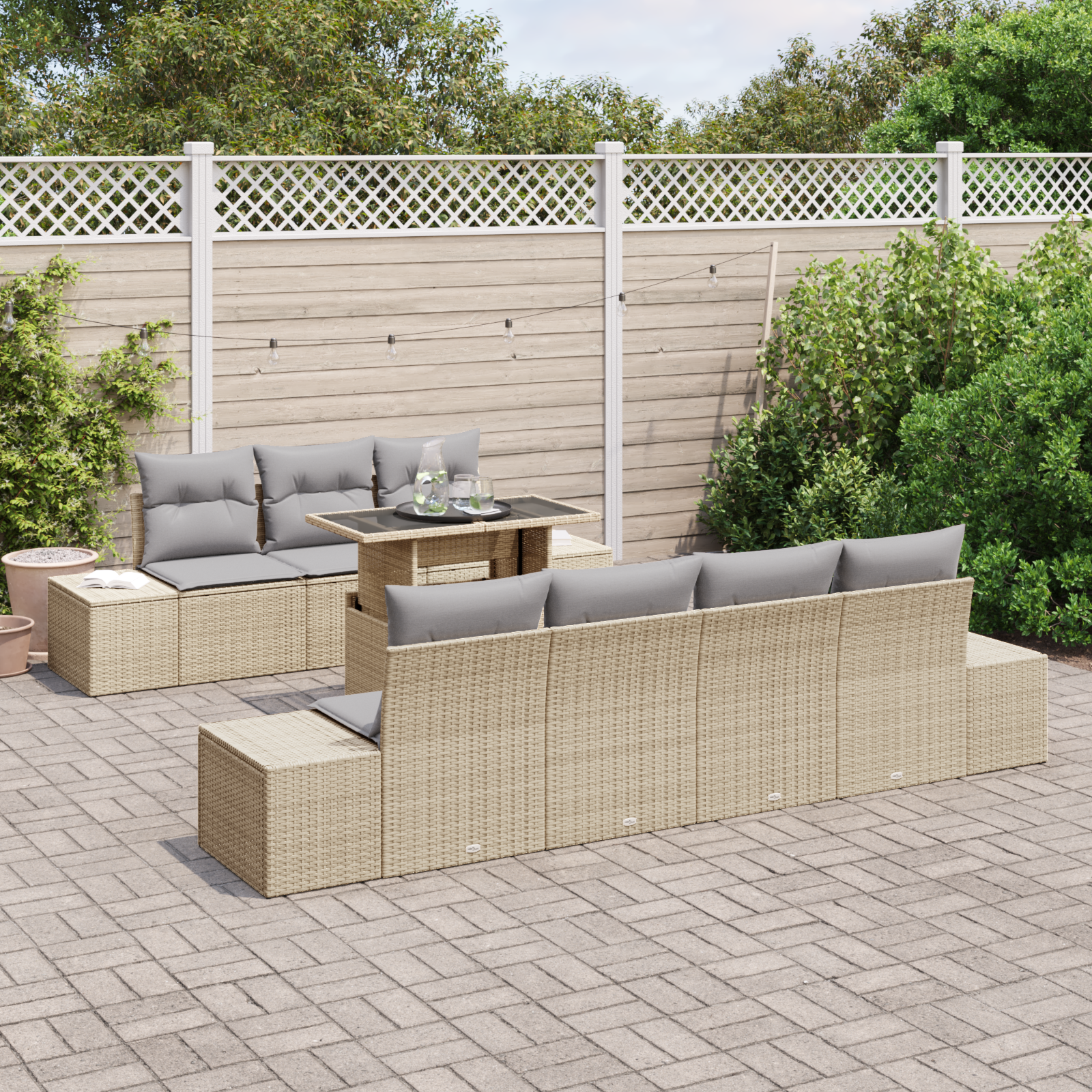 vidaXL 8-delige Tuinbankenset met kussens poly rattan beige