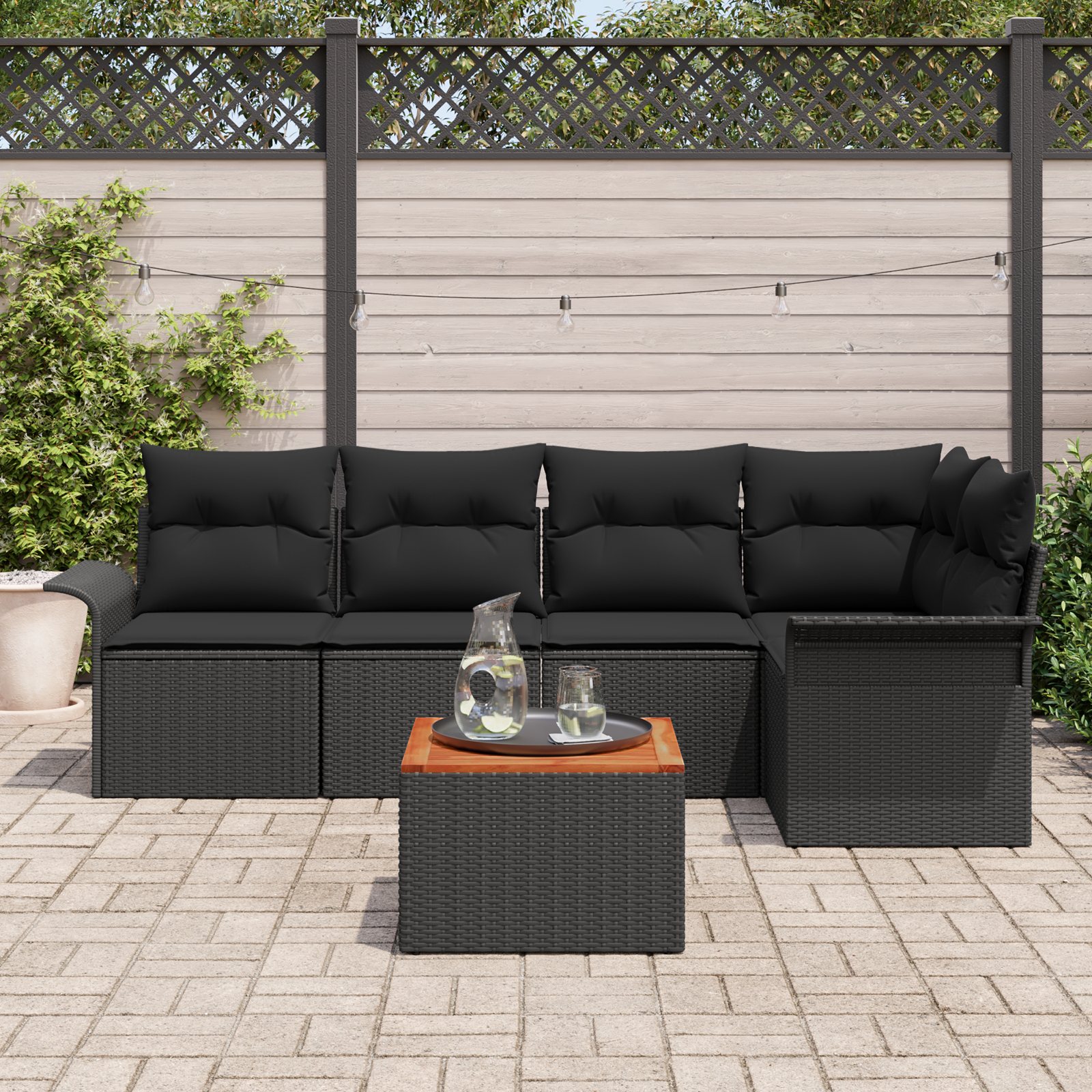 vidaXL 6-delige Tuinbankenset met kussens poly rattan acaciahout zwart