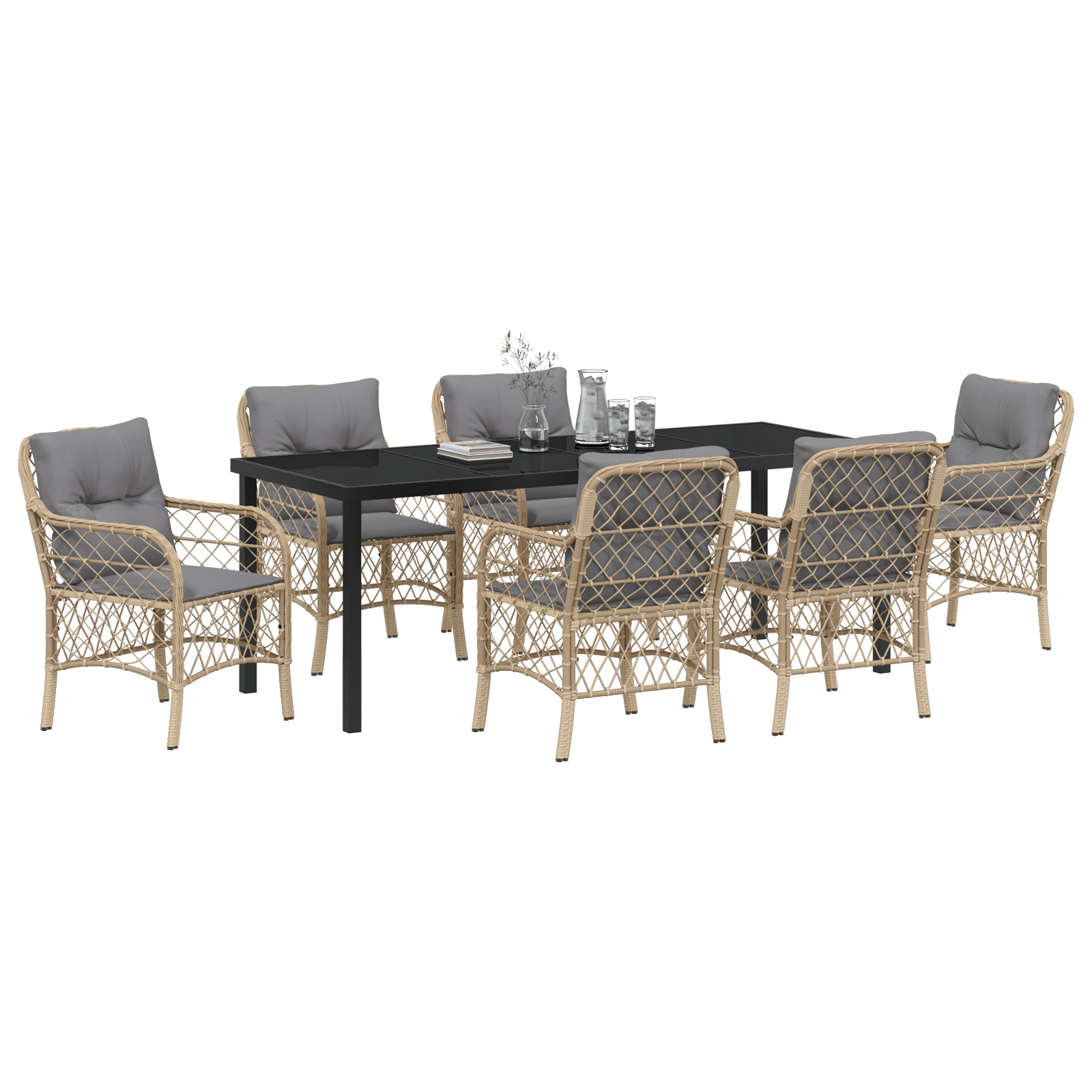 vidaXL 7-delige tuintafelset met kussens in beige poly rattan