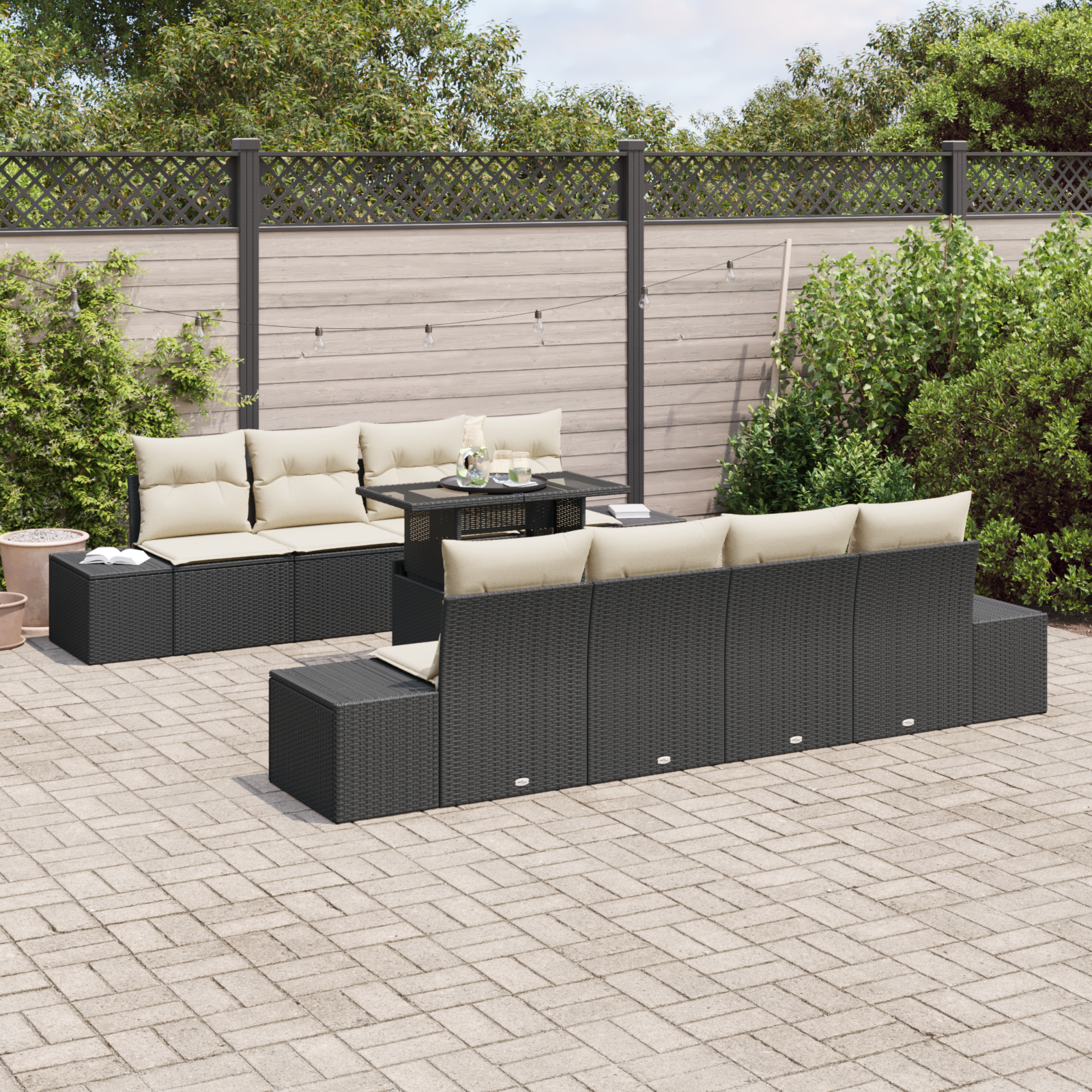 vidaXL 9-delige Tuinbankenset met kussens poly rattan zwart