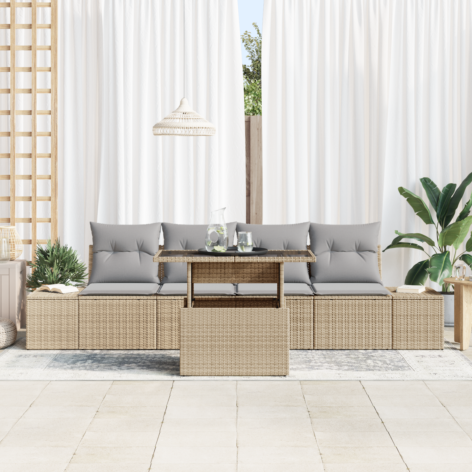 vidaXL 5-delige Tuinbankenset met kussens poly rattan beige