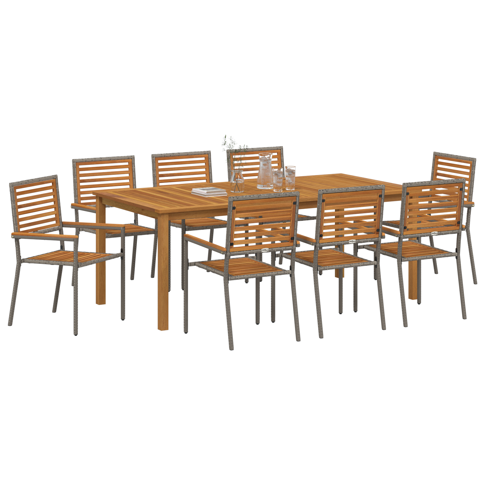 vidaXL 9-delige eetset voor in de tuin, grijs poly rattan en acacia