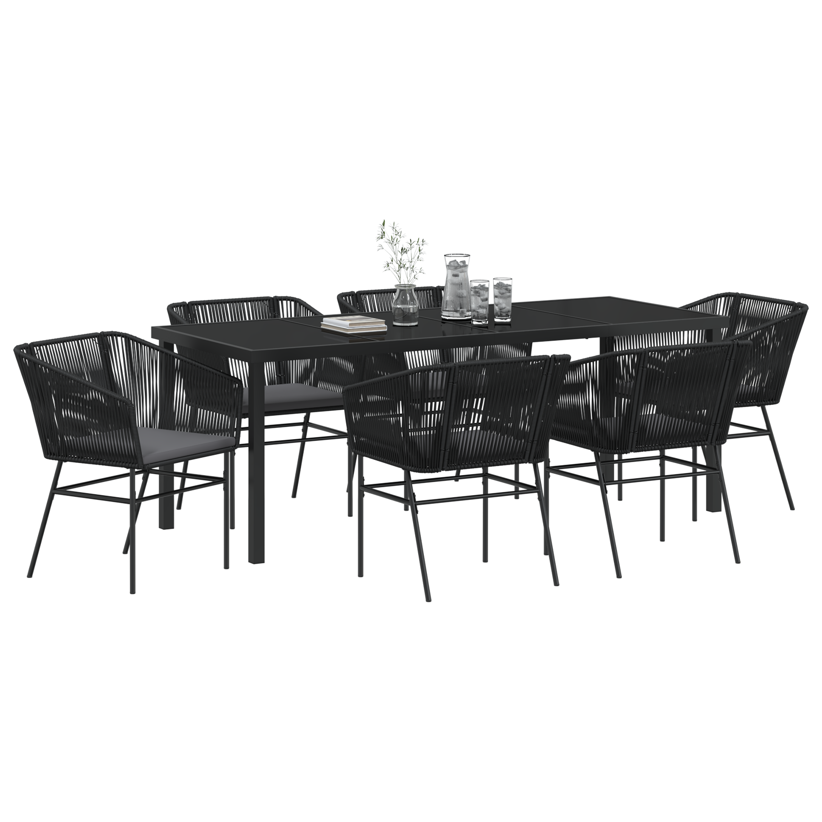 vidaXL 7-delige eetset voor in de tuin met kussens in zwart poly rattan