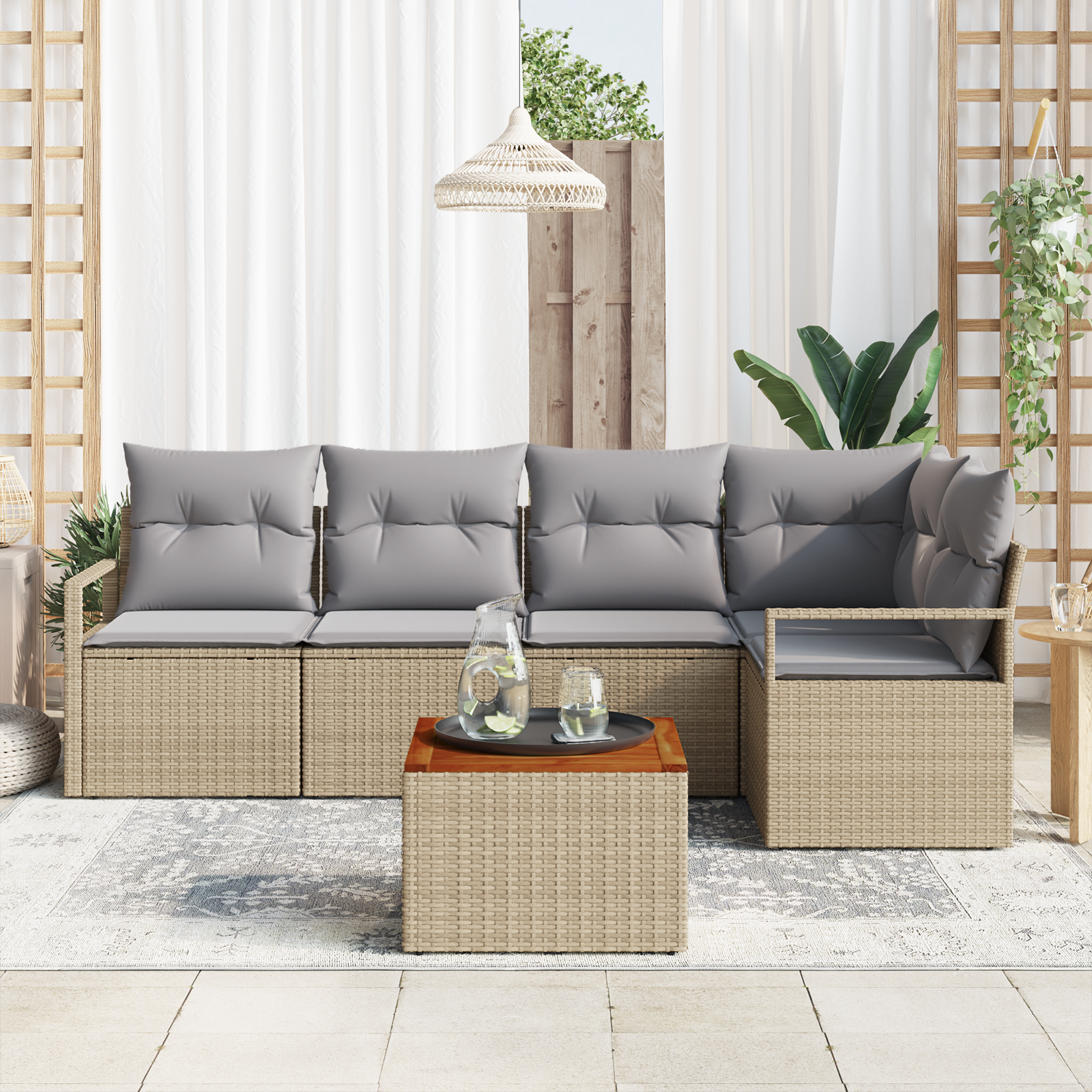vidaXL 6-delige tuinset met kussens in beige, poly rattan en acacia