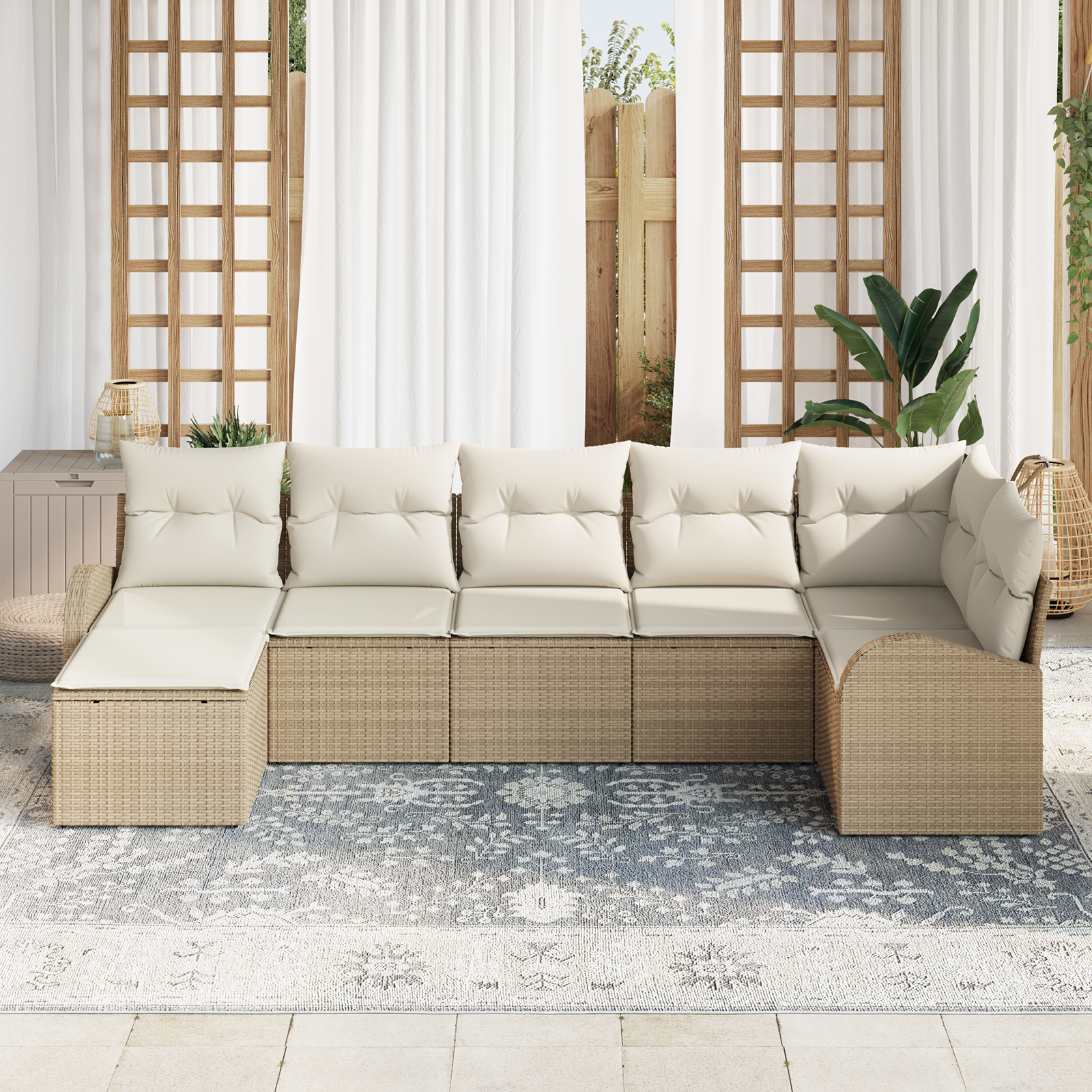 vidaXL 7-delige tuinbankset met kussens in beige poly rattan