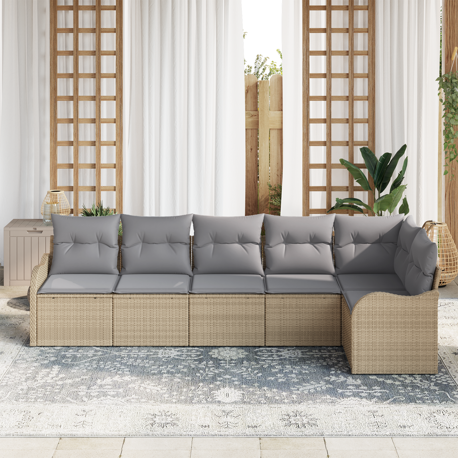 vidaXL 6-delige Tuinbankenset met kussens poly rattan beige