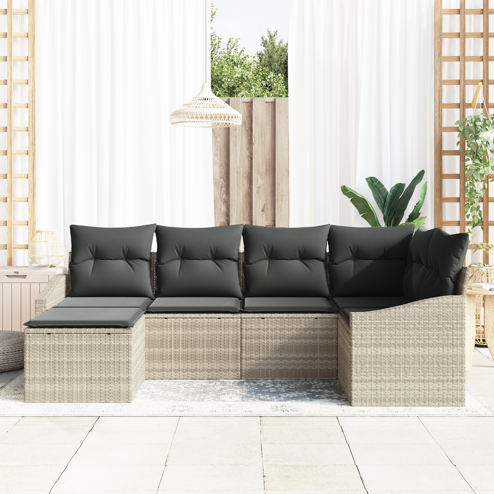 vidaXL 6-delige tuinset met kussens in lichtgrijs poly rattan