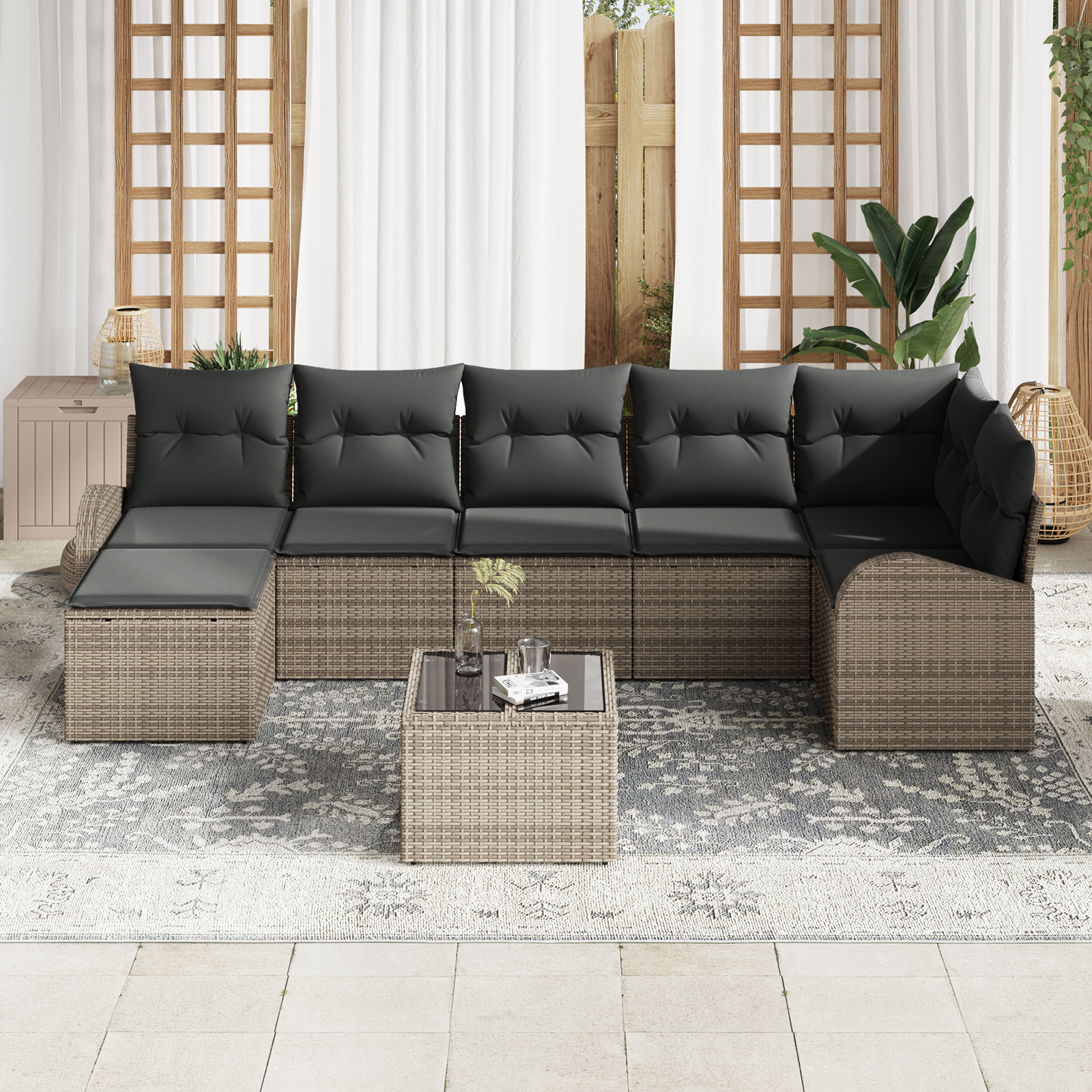 vidaXL 7-delige tuinsofa set met kussens zwart poly rattan