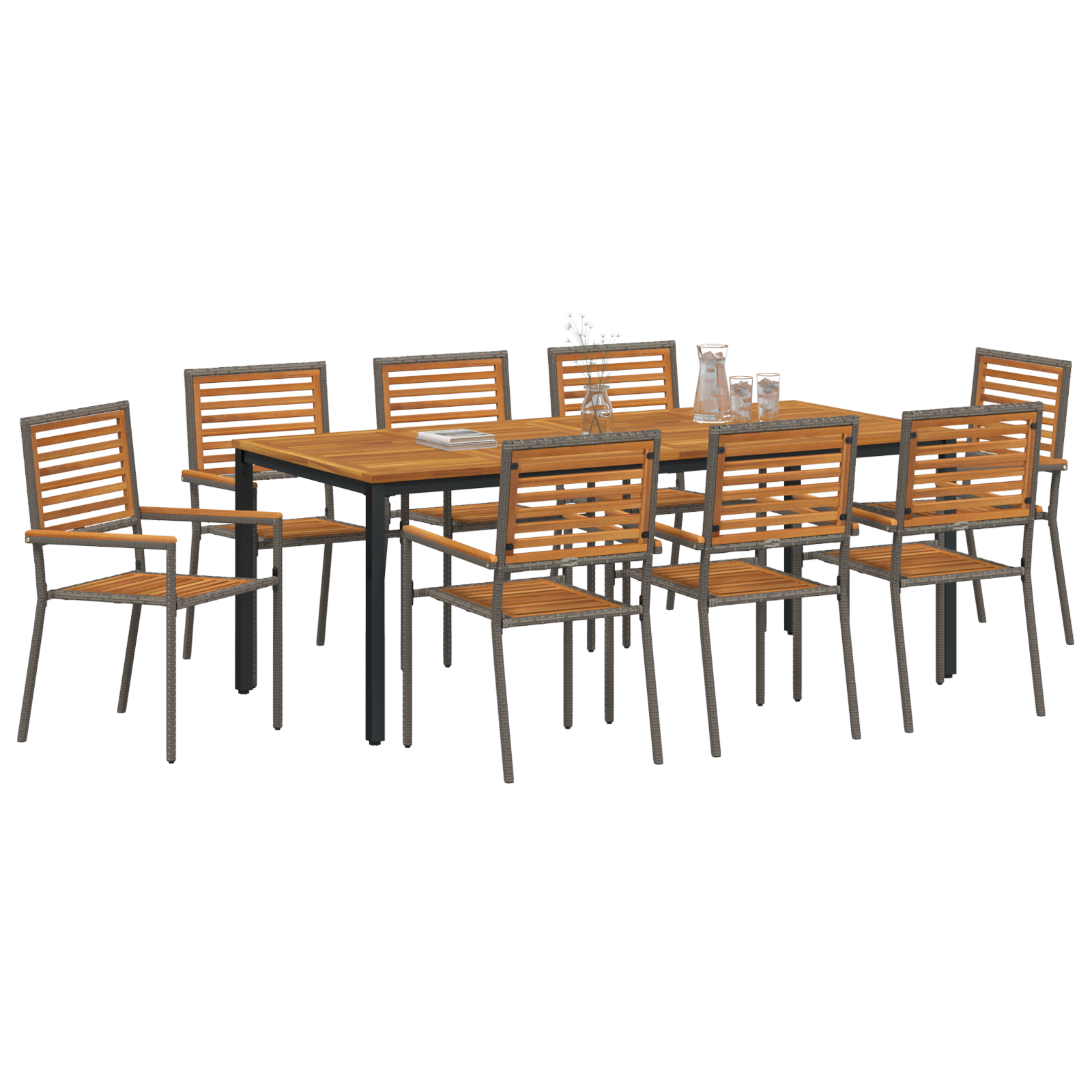 vidaXL 9-delige eetset voor in de tuin - Grijs Poly Rattan en Acacia
