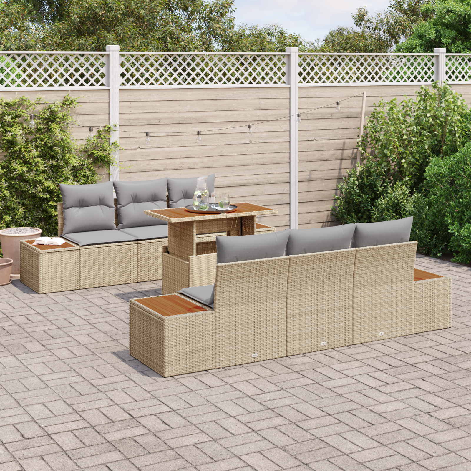 vidaXL 7-delige Tuinset met kussens poly rattan acaciahout beige