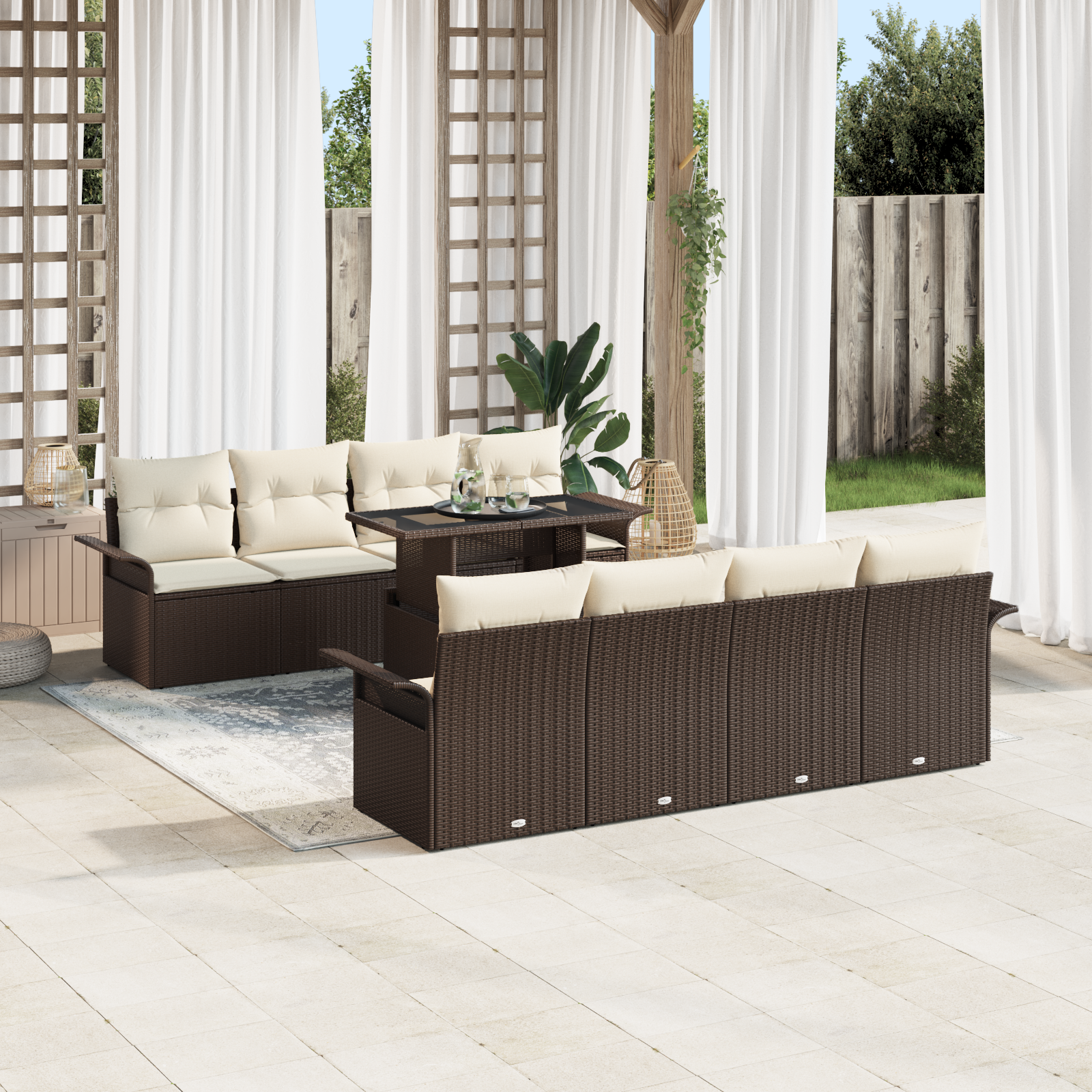 vidaXL 9-delige Tuinbankenset met kussens poly rattan bruin