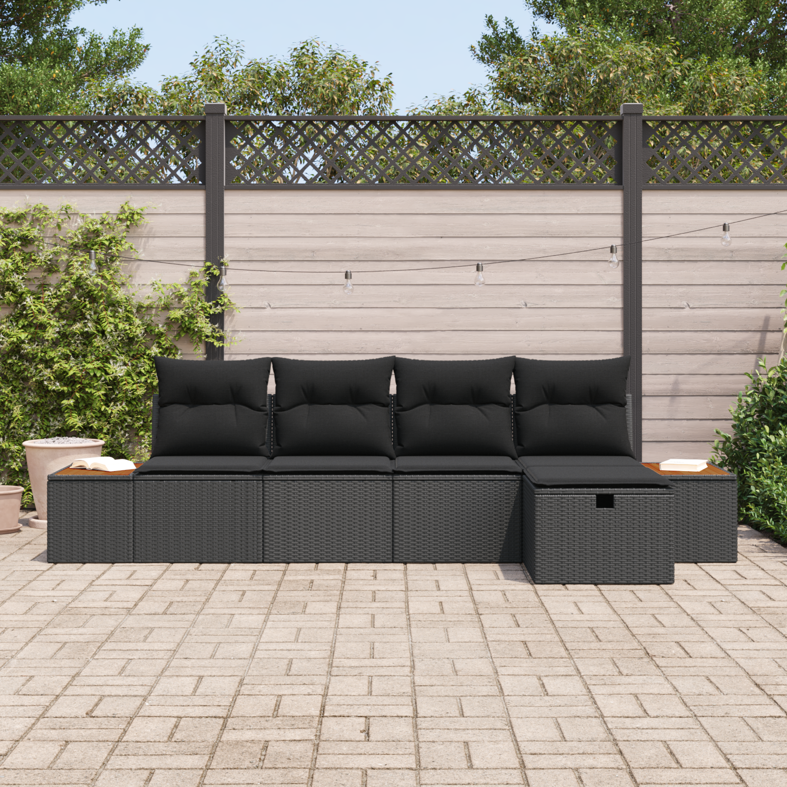 vidaXL 5-delige tuinbankset met kussens zwart poly rattan