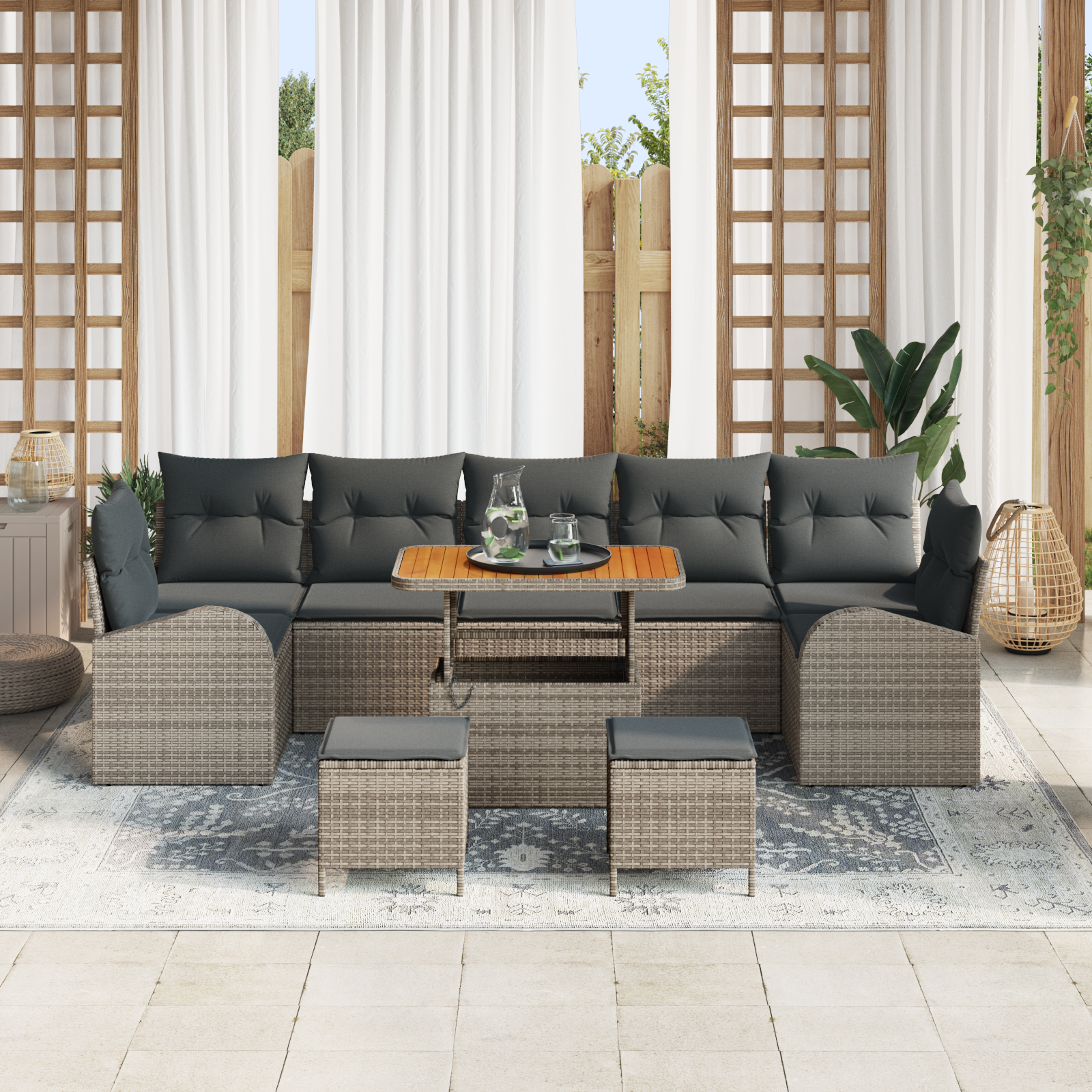 vidaXL 10-delige Tuinbankenset met kussens poly rattan acacia grijs