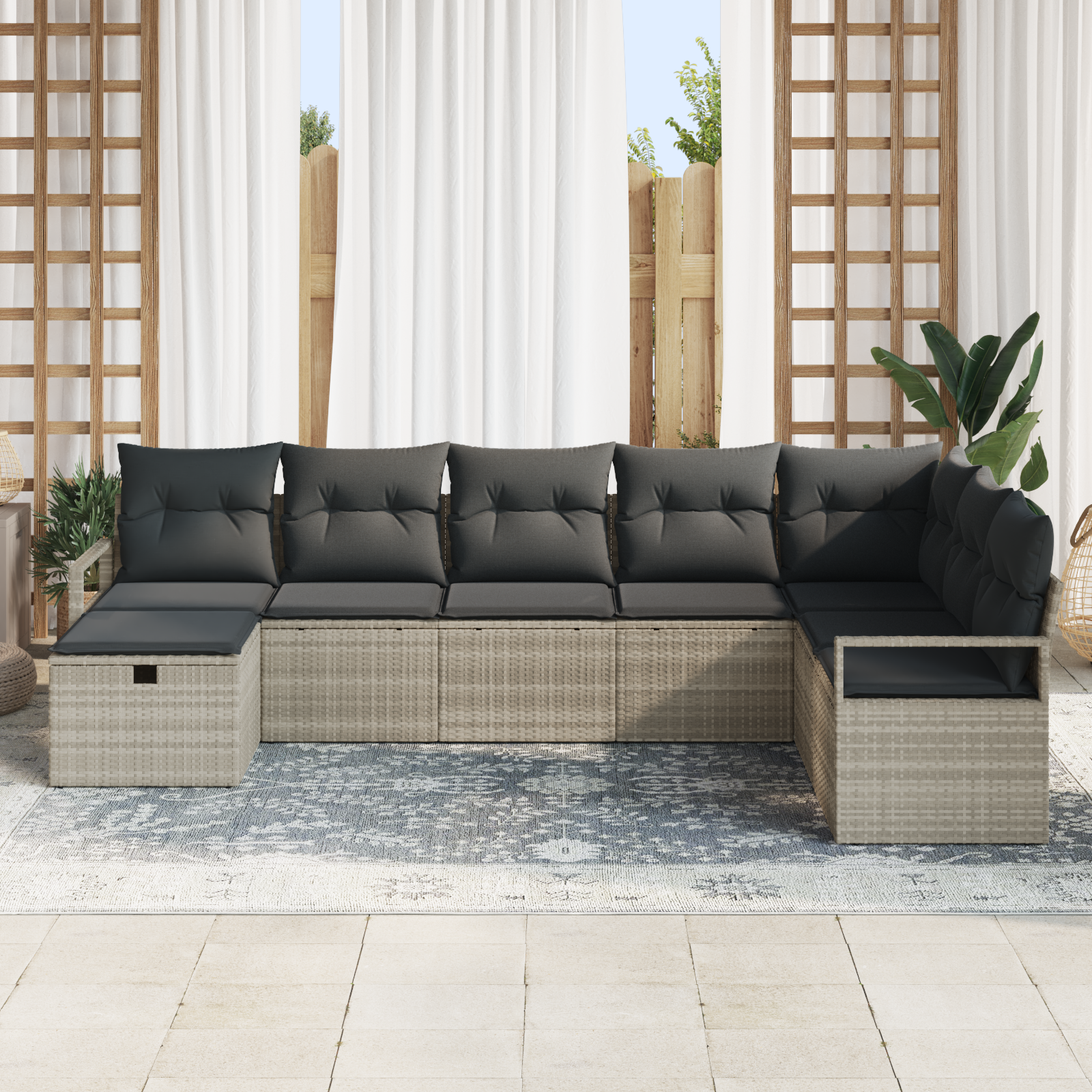 vidaXL 8-delig Tuinbankstel met Kussens Lichtgrijs Poly Rattan