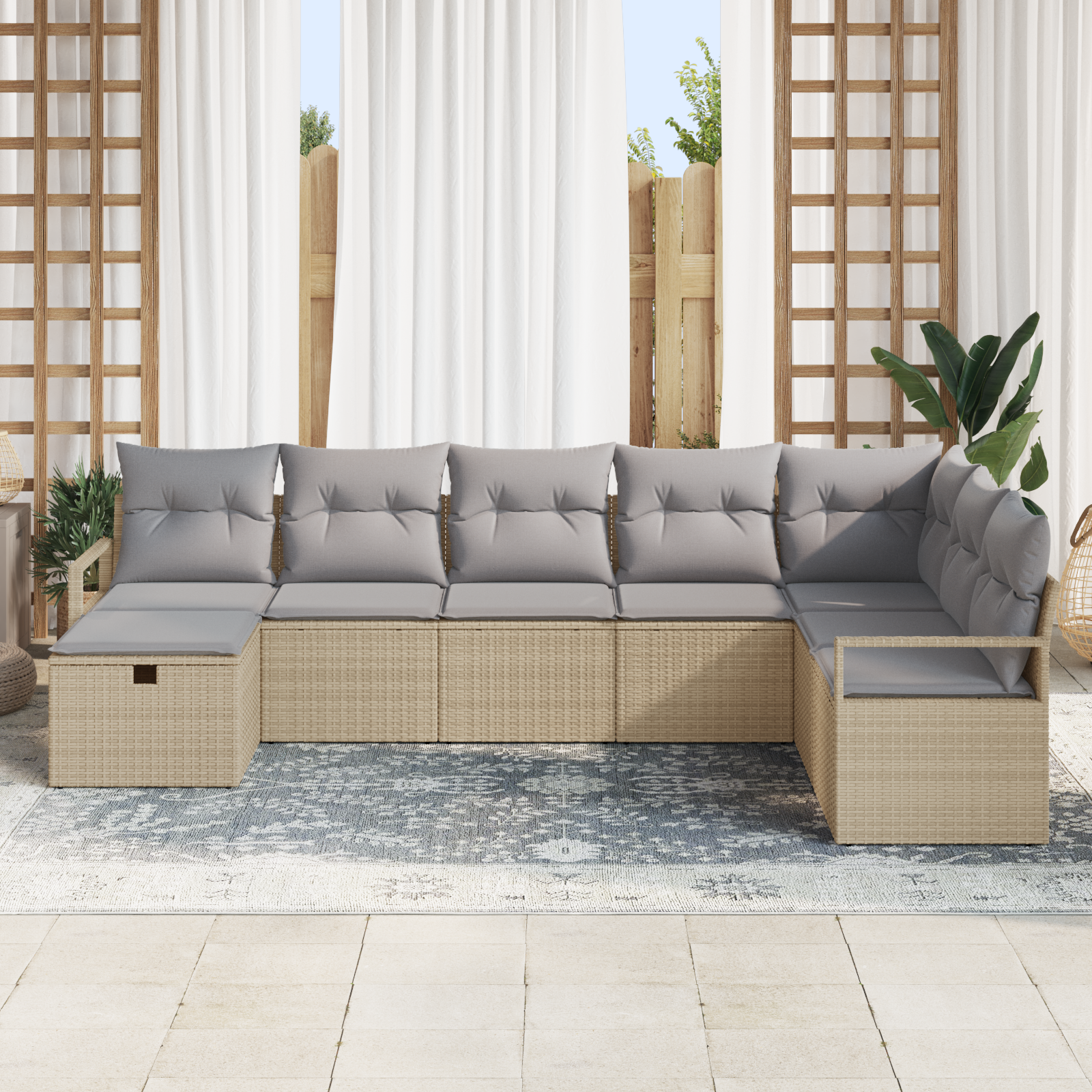 vidaXL 8-delige tuinset met kussens in beige poly riet