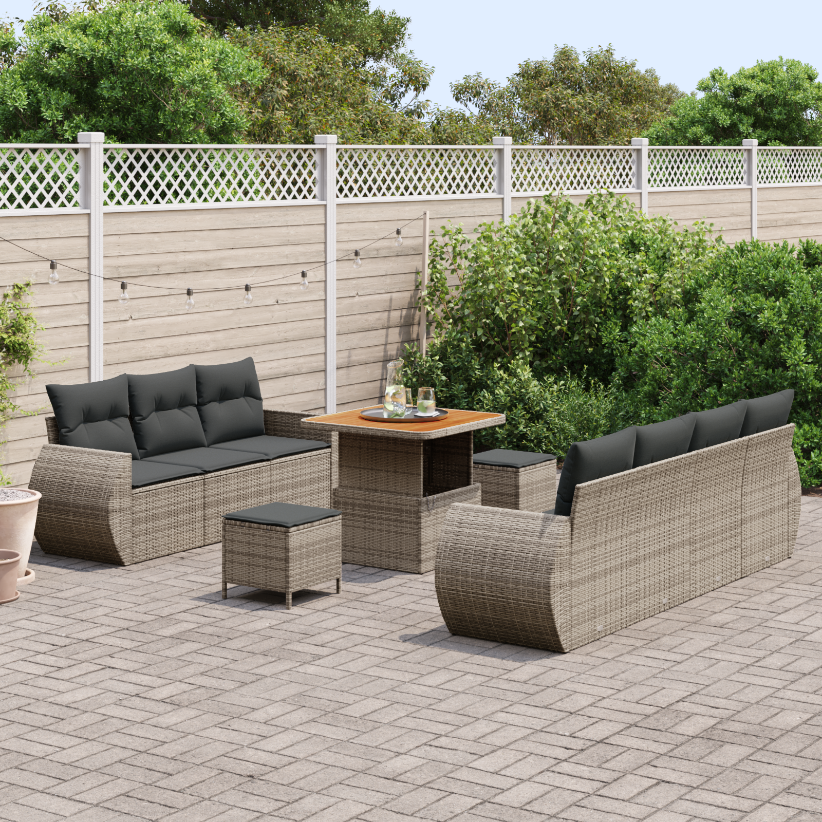 vidaXL 10-delige Tuinbankenset met kussens poly rattan acacia grijs
