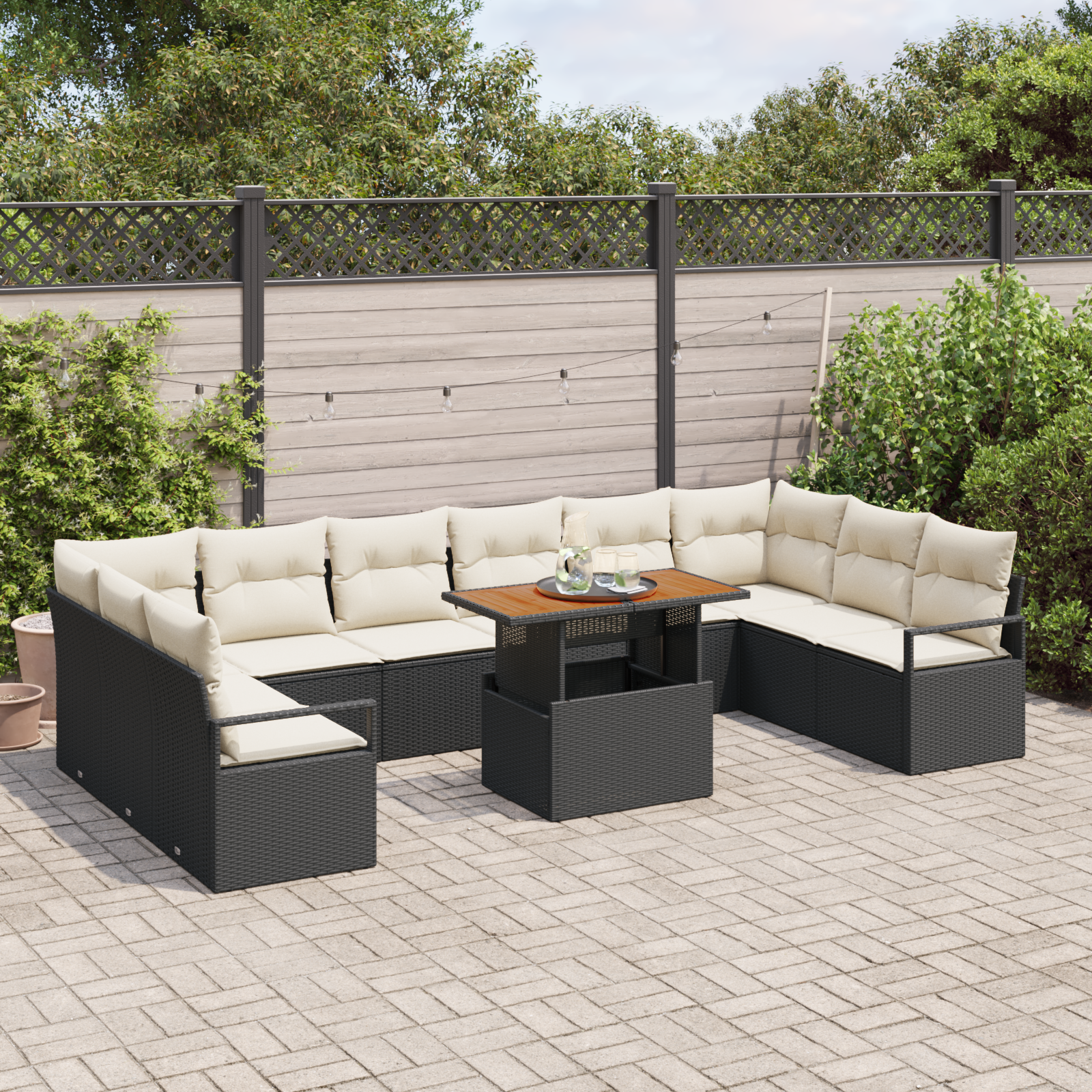 vidaXL 11-delige tuinset met kussens zwart poly rattan acacia