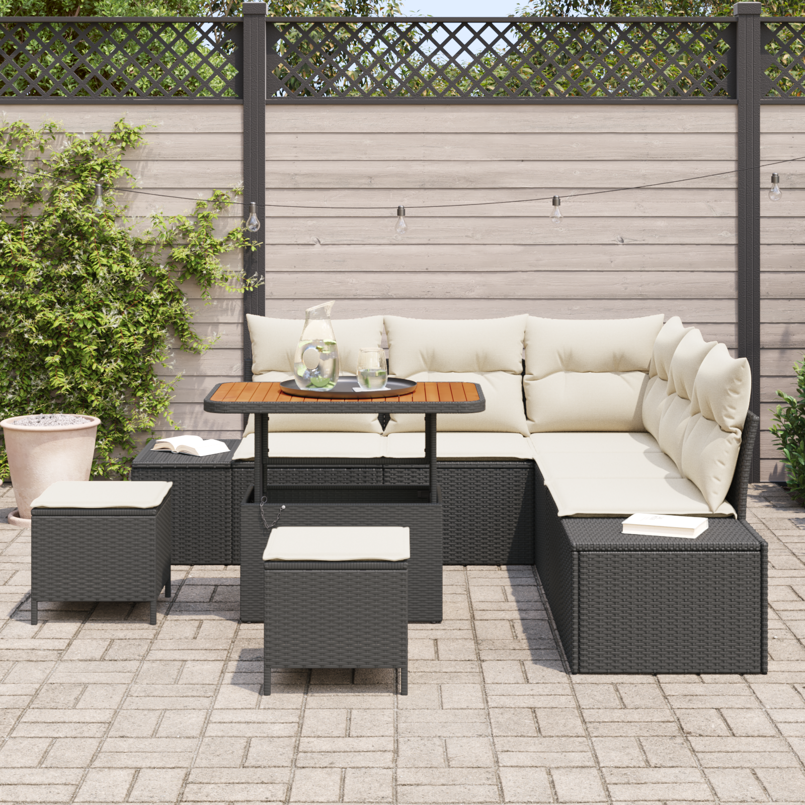 vidaXL 8-delige tuinbankset met kussens zwart poly rattan acacia