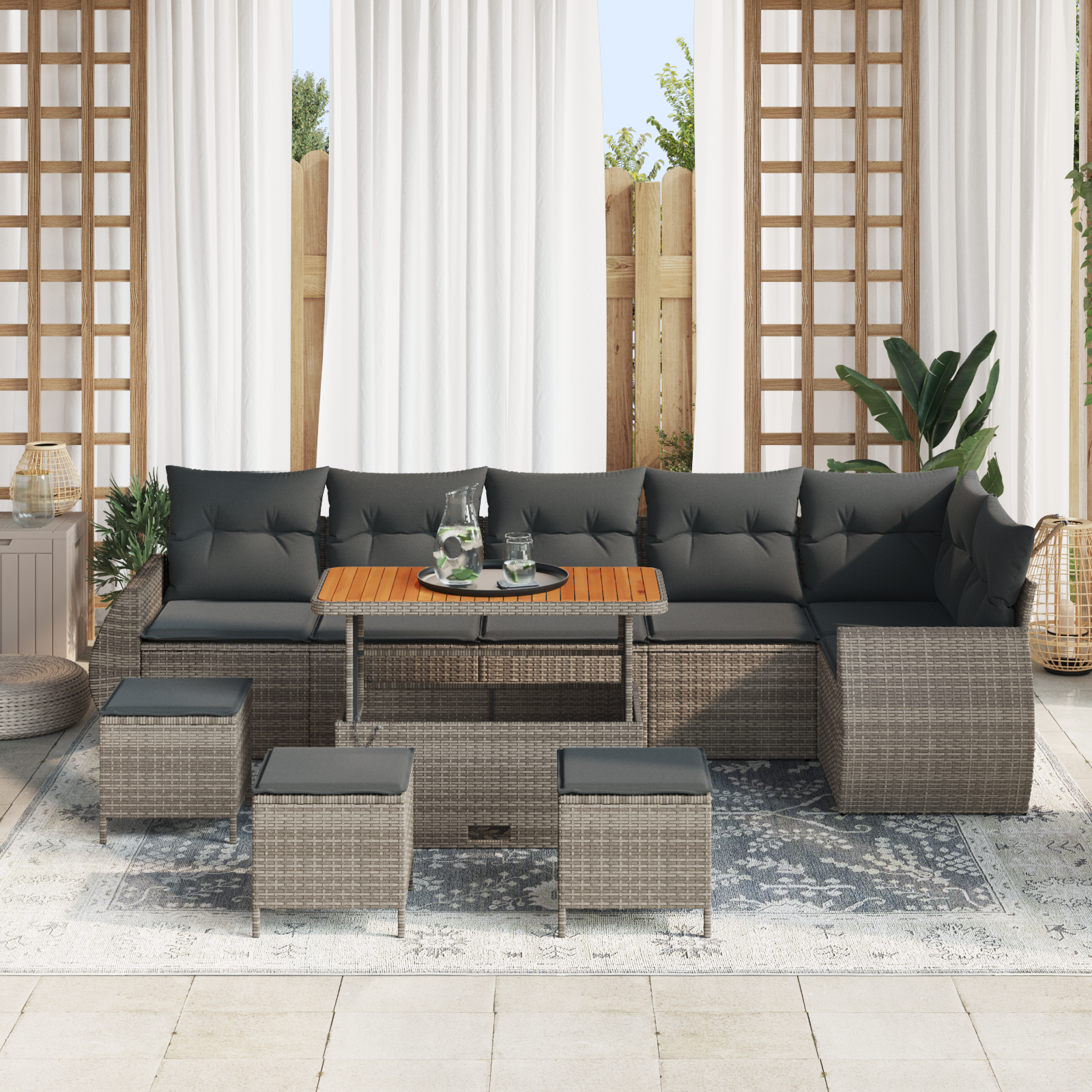 vidaXL 10-delige Tuinbankenset met kussens poly rattan acacia grijs