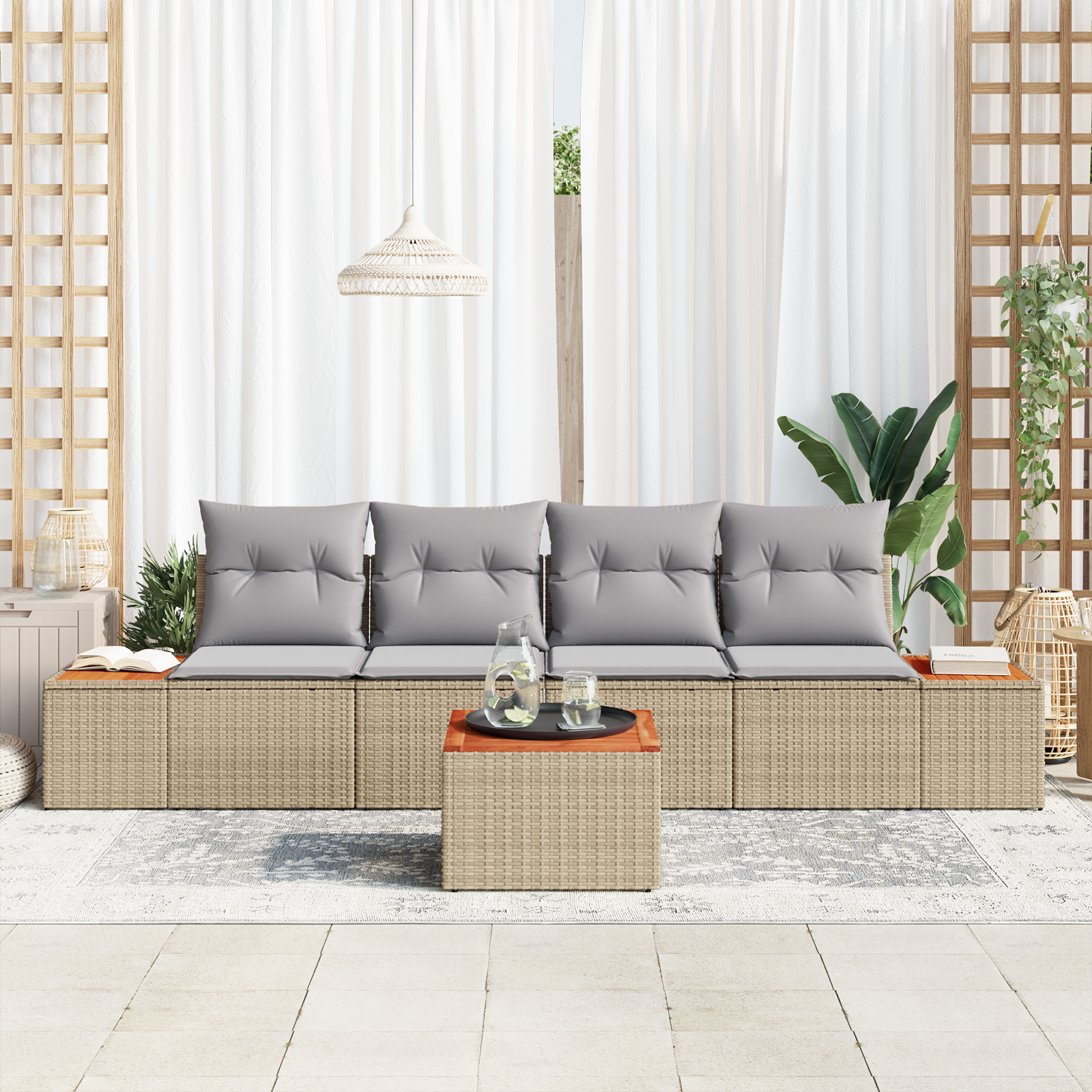 vidaXL 5-delige tuinsofa set met kussens in beige, van poly rattan en acacia