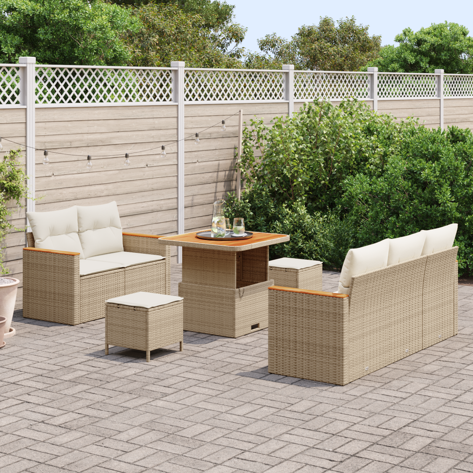 vidaXL 8-delige tuinset met kussens in beige van poly rattan en acacia