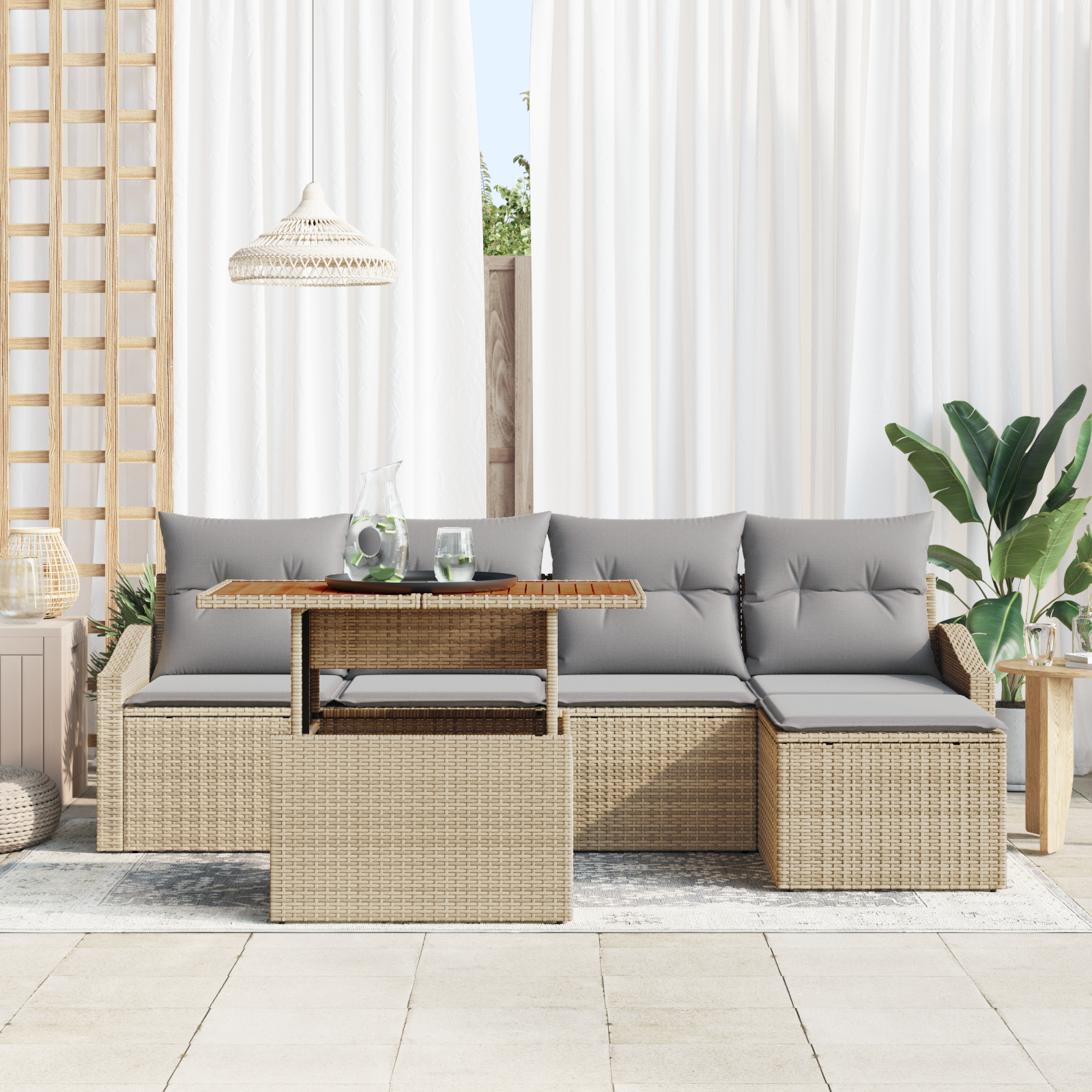 vidaXL 6-delige tuinset met kussens in beige poly rattan en acacia
