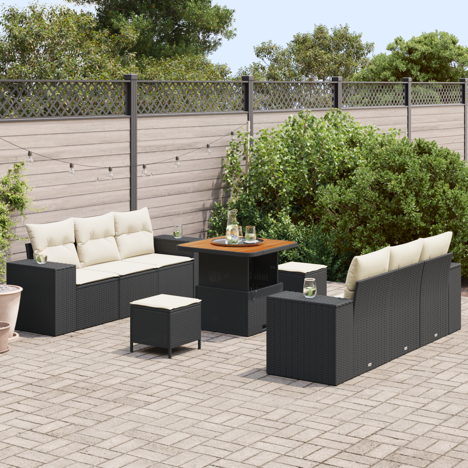 vidaXL 9-delige Tuinbankenset met Kussen poly rattan acacia zwart