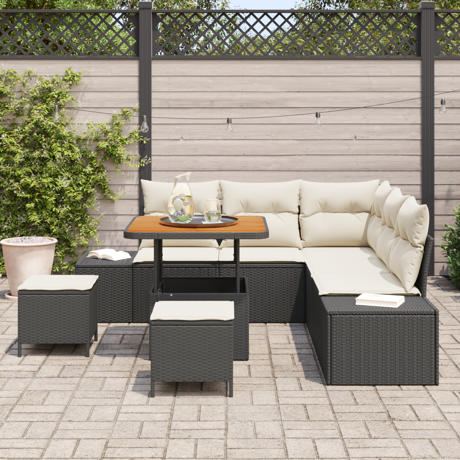 vidaXL 8-delige tuinbankset met kussens zwart poly rattan acacia