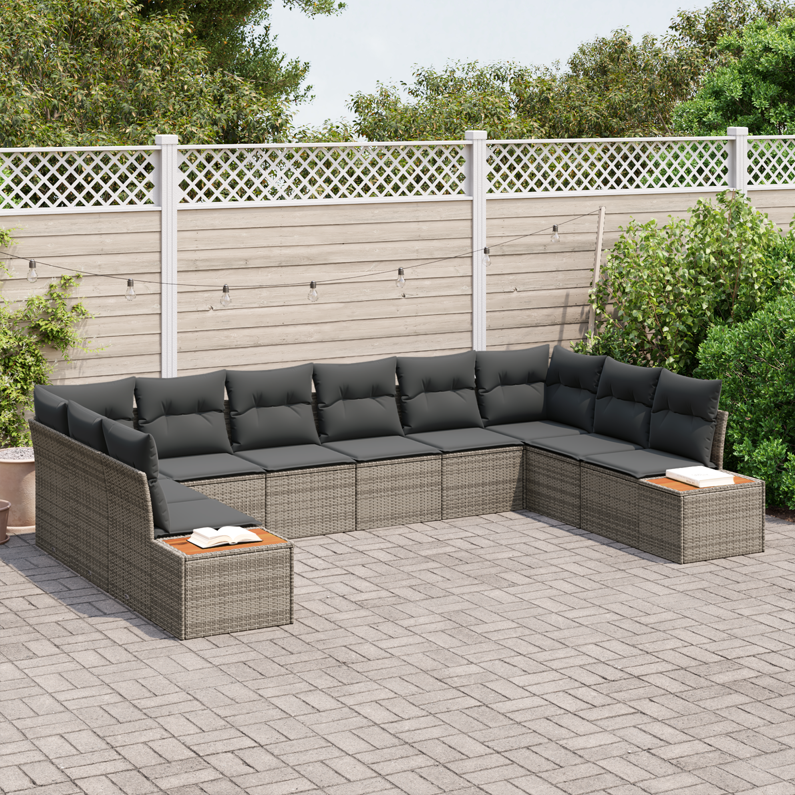 vidaXL 10-delige tuinbankset met kussens - Grijs - Poly Rattan - Acacia