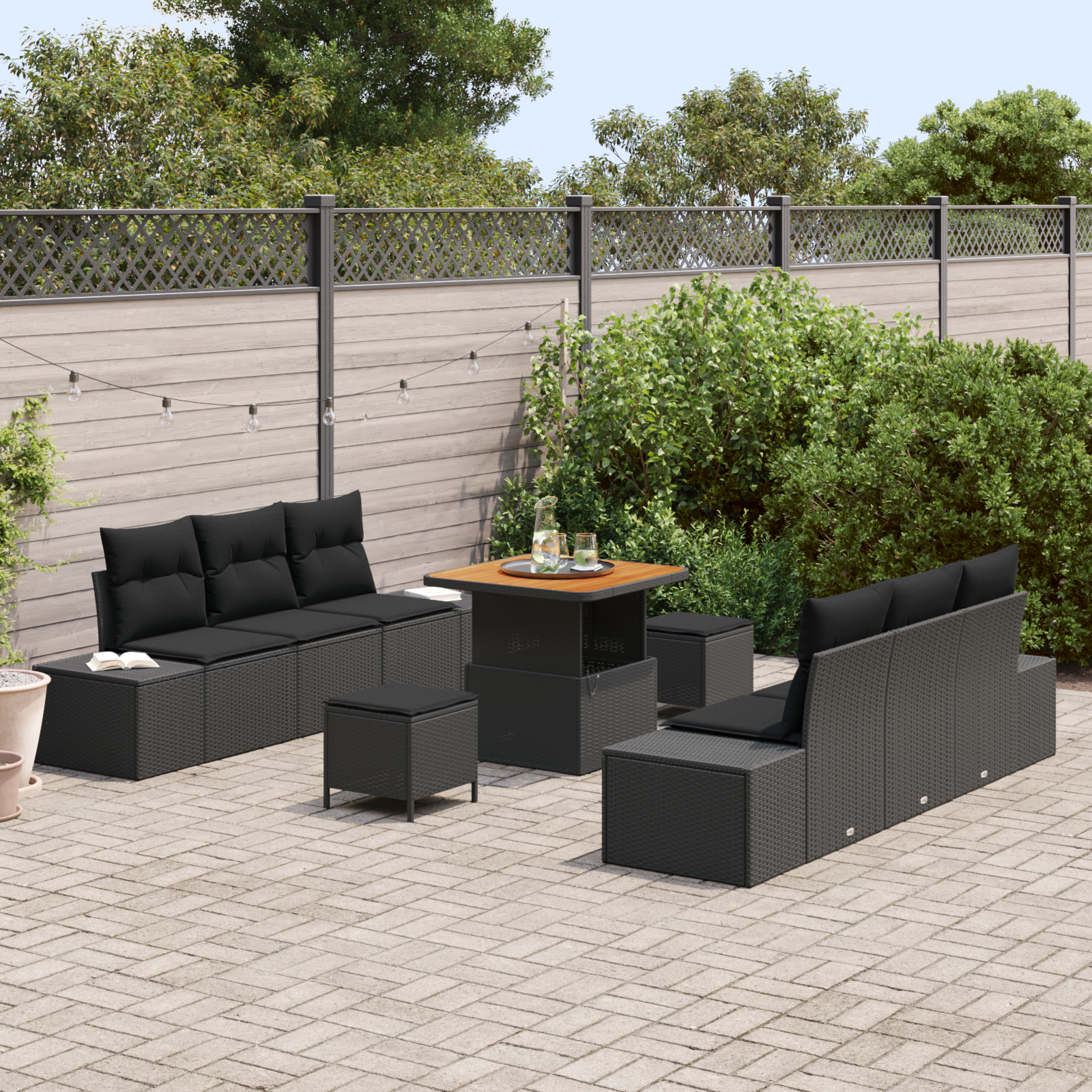 vidaXL 9-delige Tuinbankenset met kussens poly rattan acacia zwart