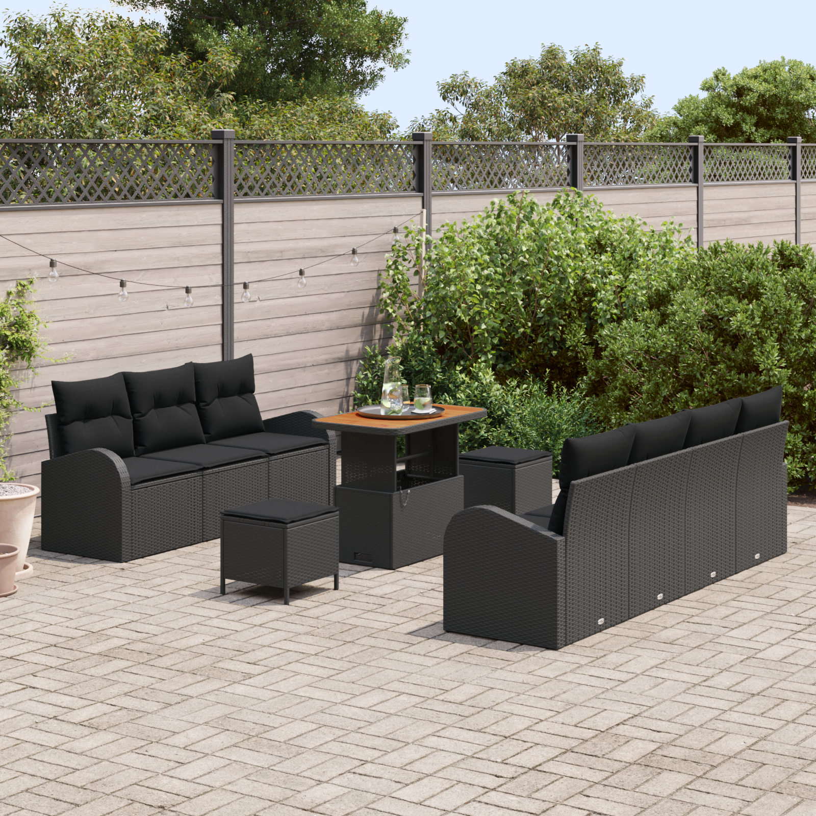 vidaXL 10-delige tuinset met kussens in zwart poly rattan en acacia