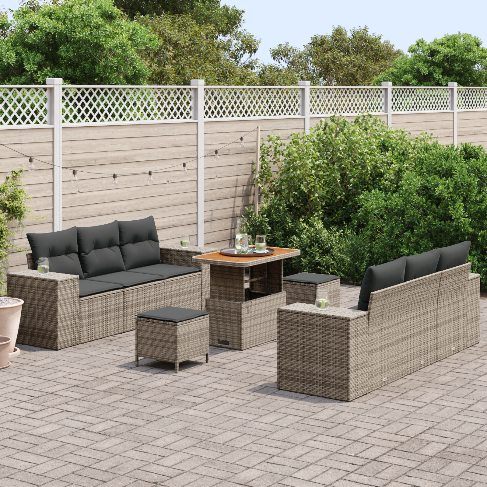 vidaXL 9-delige Tuinbankenset met kussens poly rattan acacia grijs