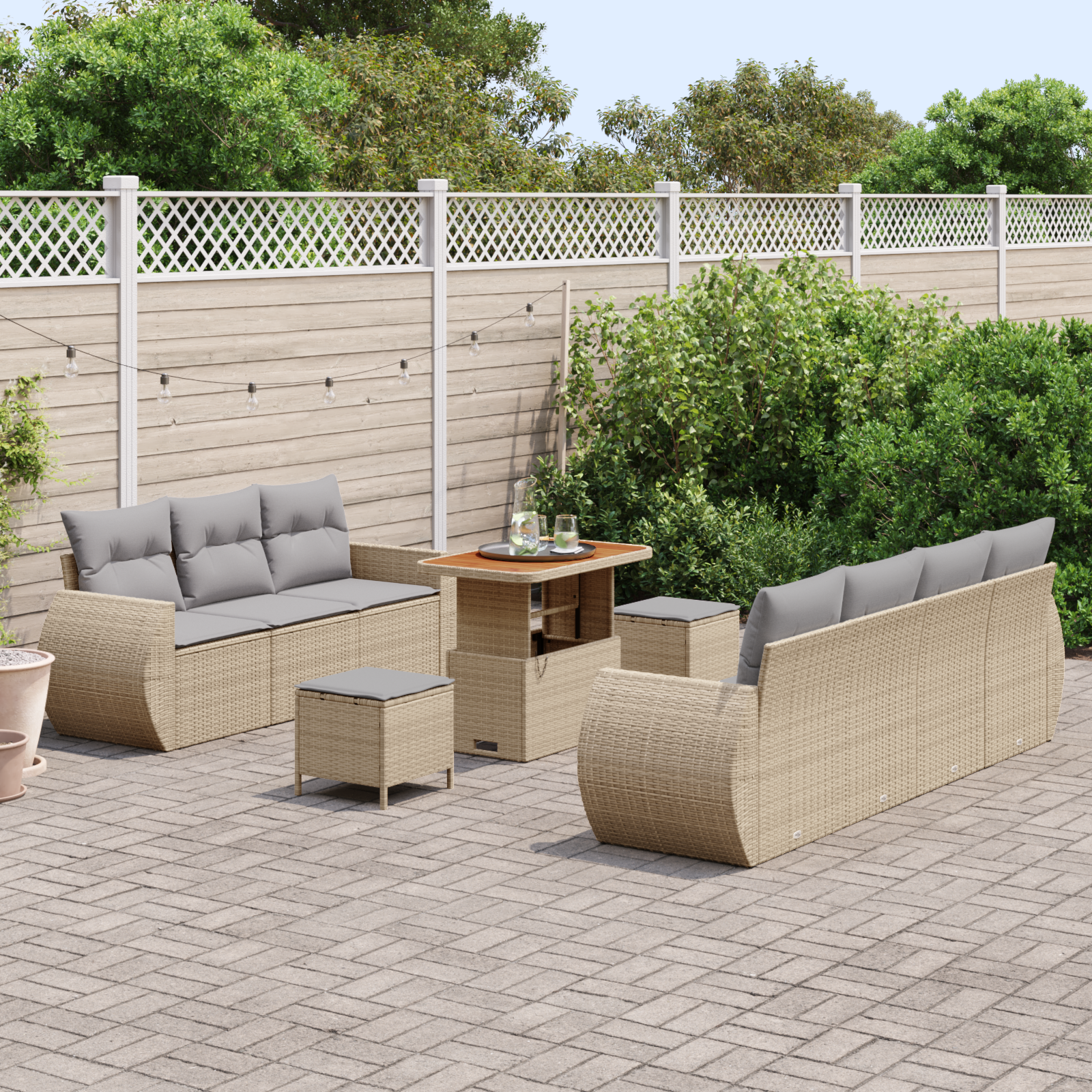 vidaXL 10-delige Tuinbankenset met kussens poly rattan acacia beige