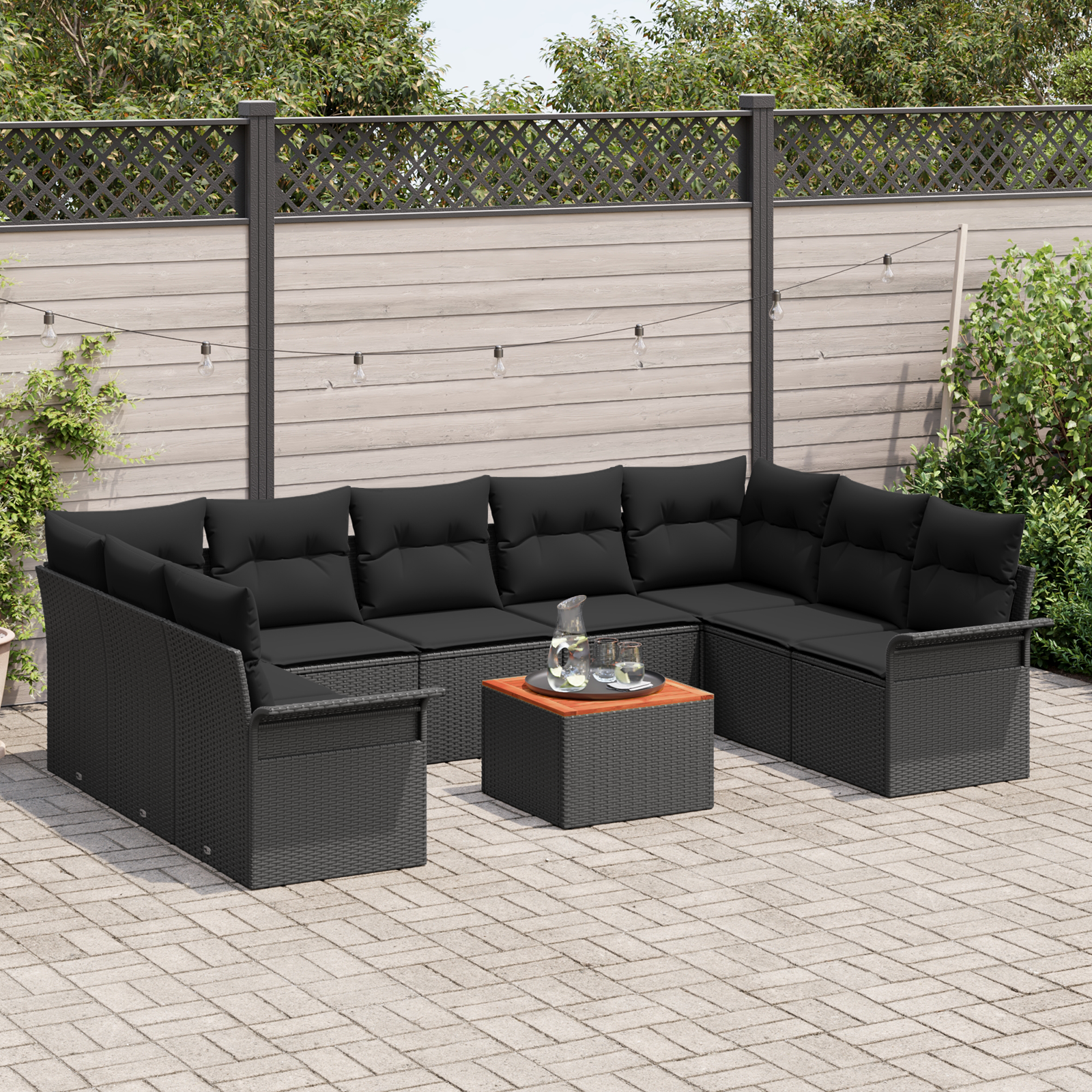 vidaXL 10-delige tuinset met kussens zwart poly rattan acacia