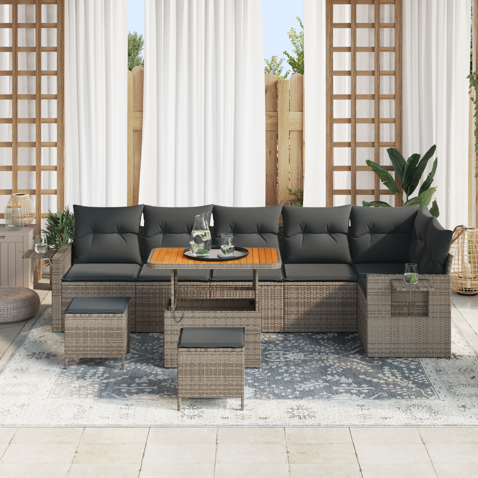 vidaXL 9-delige Tuinbankenset met kussens poly rattan acacia grijs