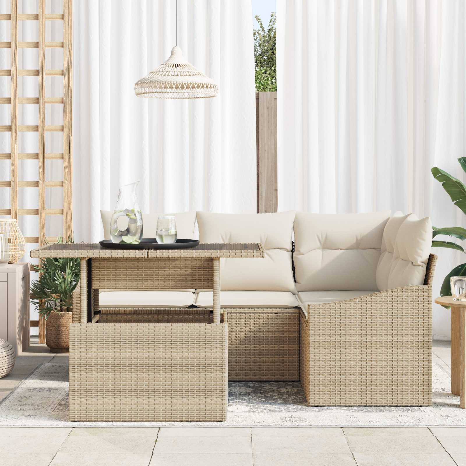 vidaXL 5-delige tuinbankset met kussens in beige poly riet