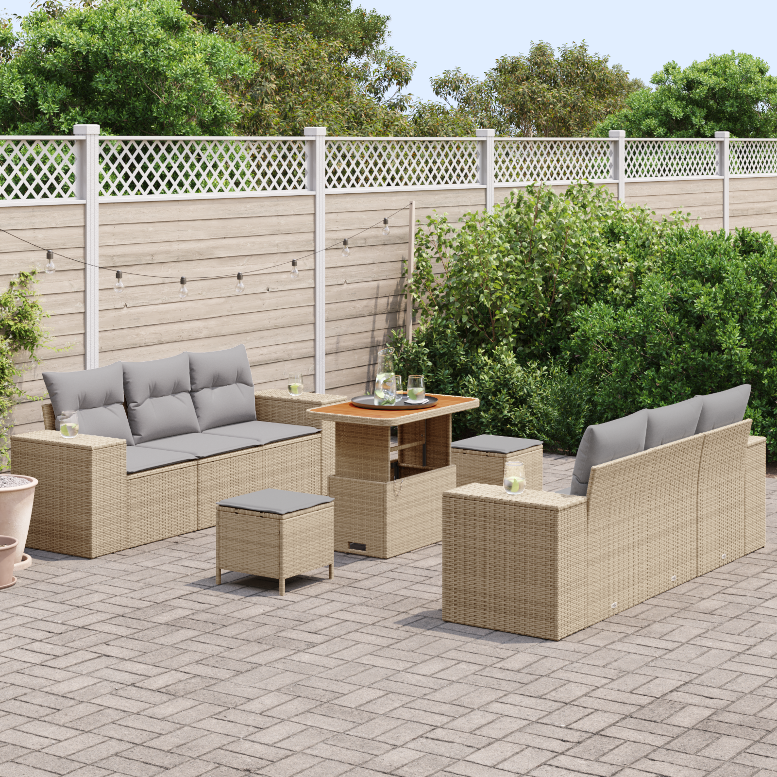 vidaXL 9-delige Tuinbankenset met kussens poly rattan acacia beige