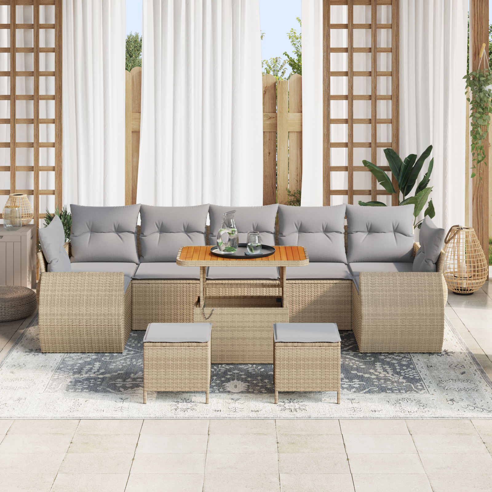 vidaXL 10-delige Tuinbankenset met kussens poly rattan acacia beige