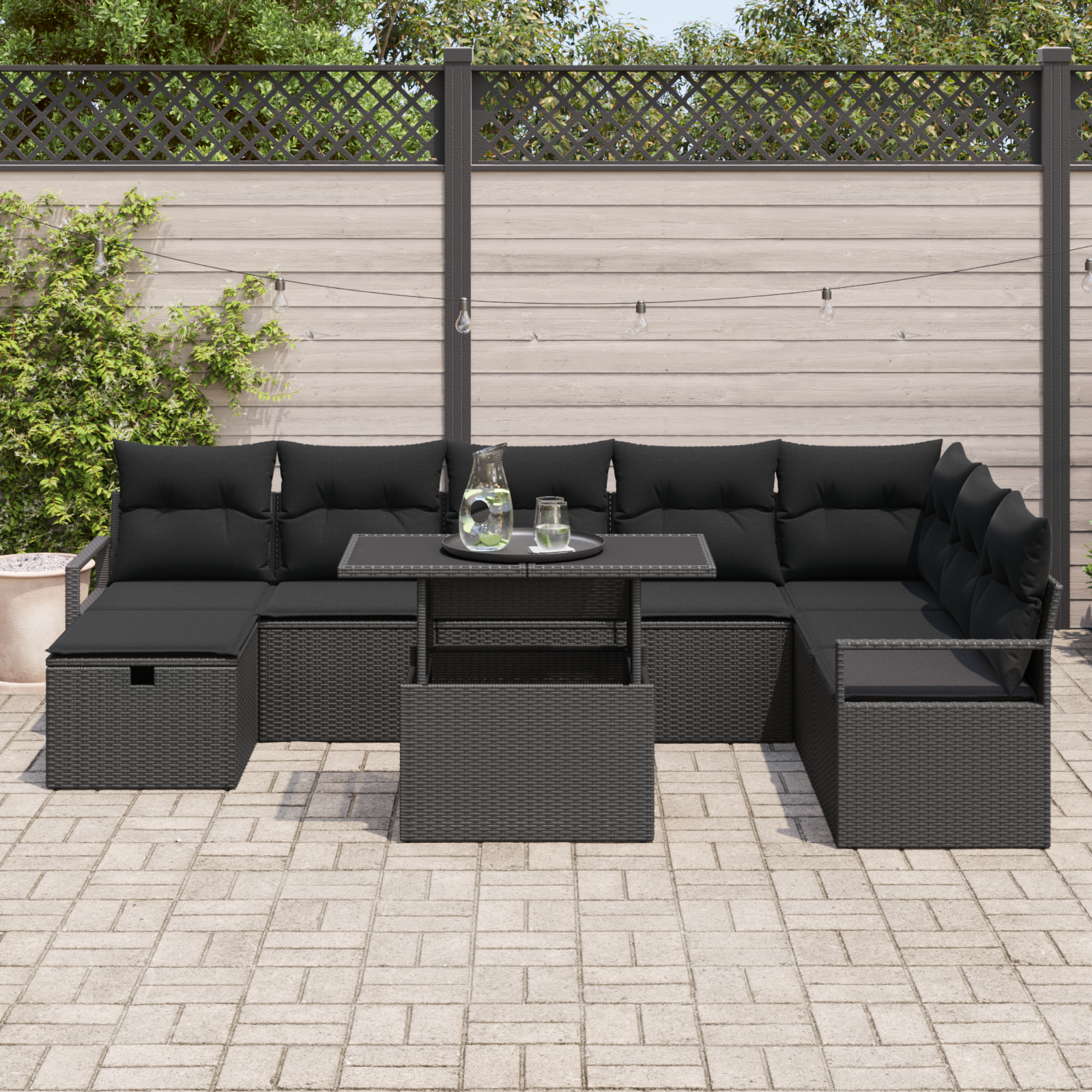 vidaXL 9-delige tuinset met kussens in zwart poly rattan