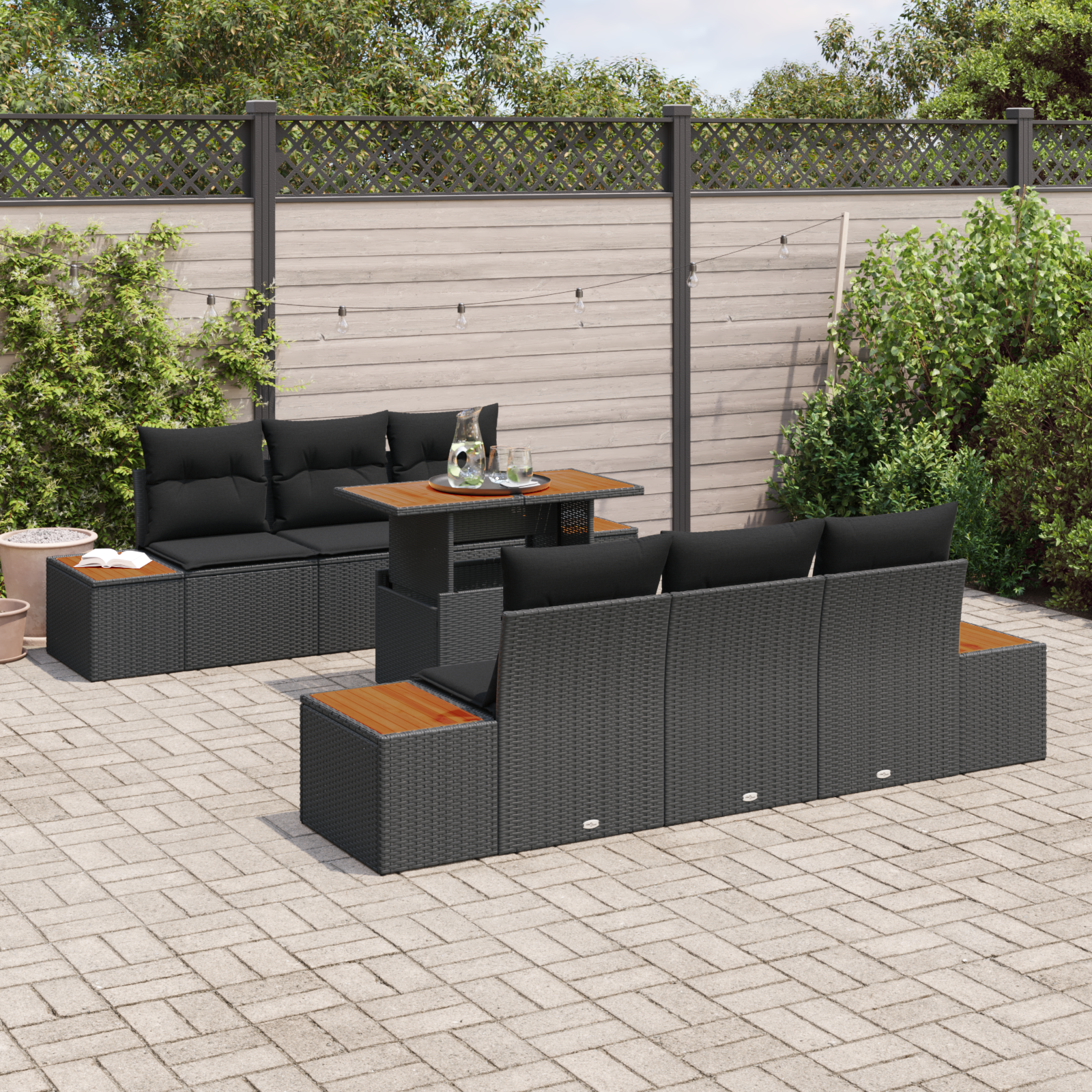 vidaXL 7-delige tuinset met kussens zwart poly rattan